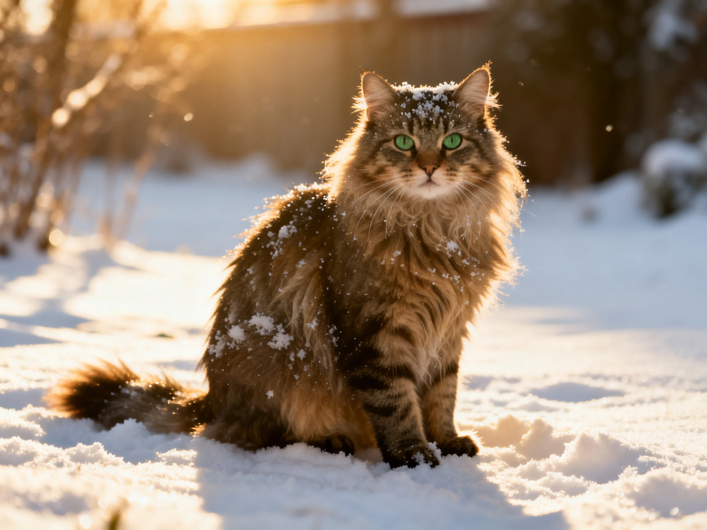 A brown tabby cat sits calmly in snow under golden sunlight.