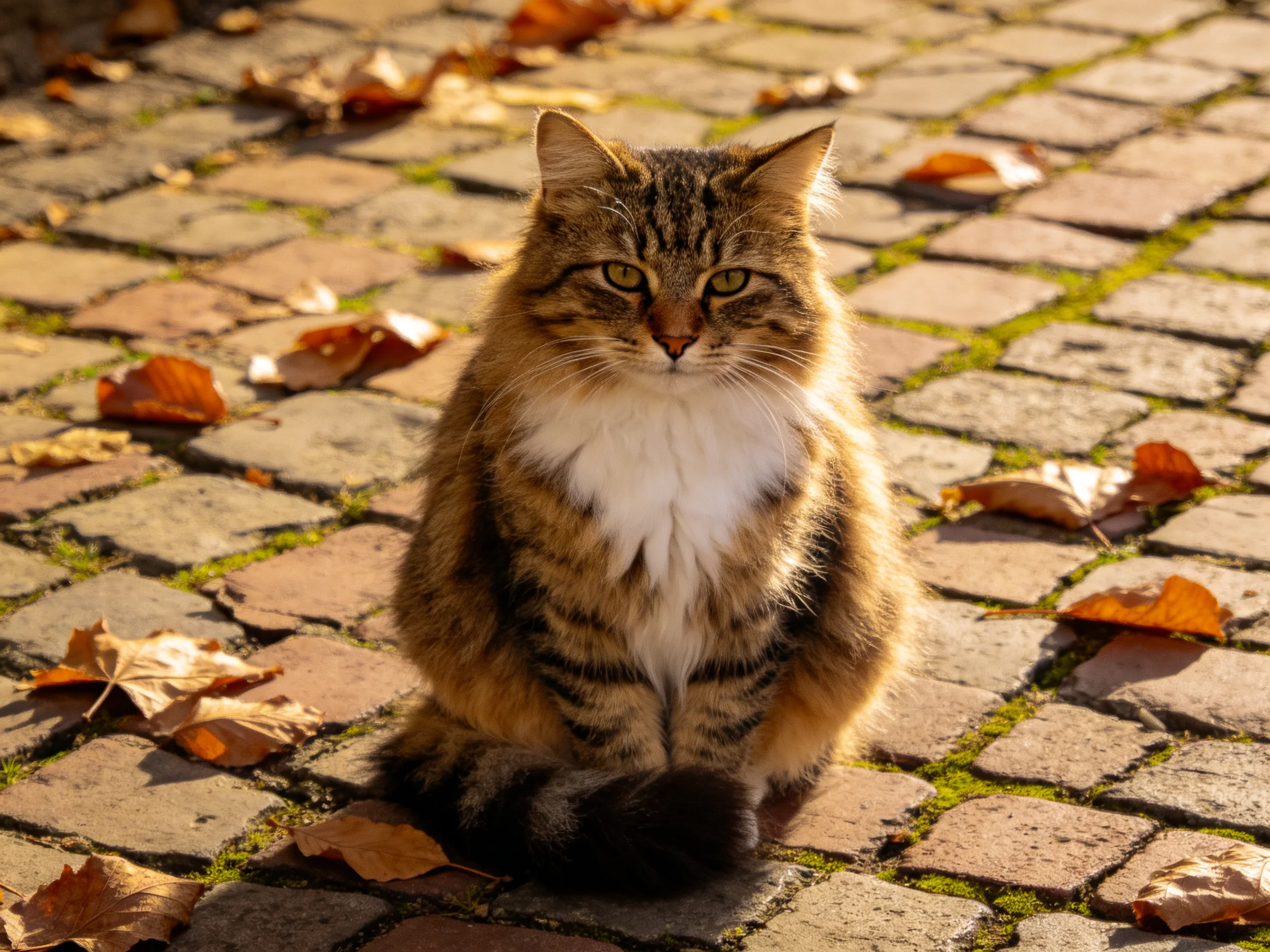 A fluffy brown tabby cat sits among scattered autumn leaves on a cobblestone path.