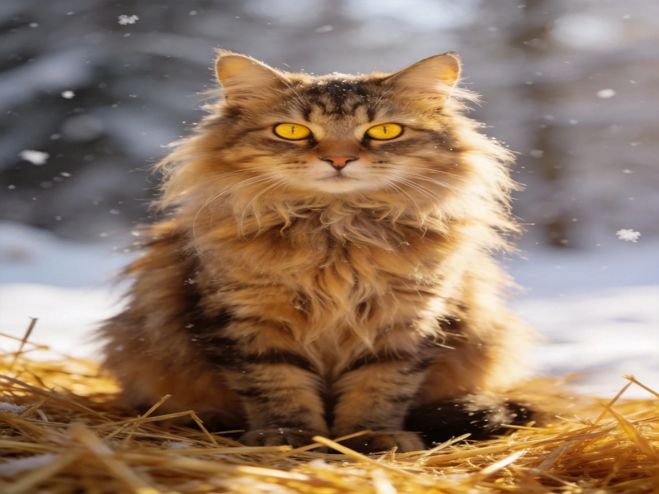 A fluffy brown tabby cat sits on straw in a snowy outdoor scene.