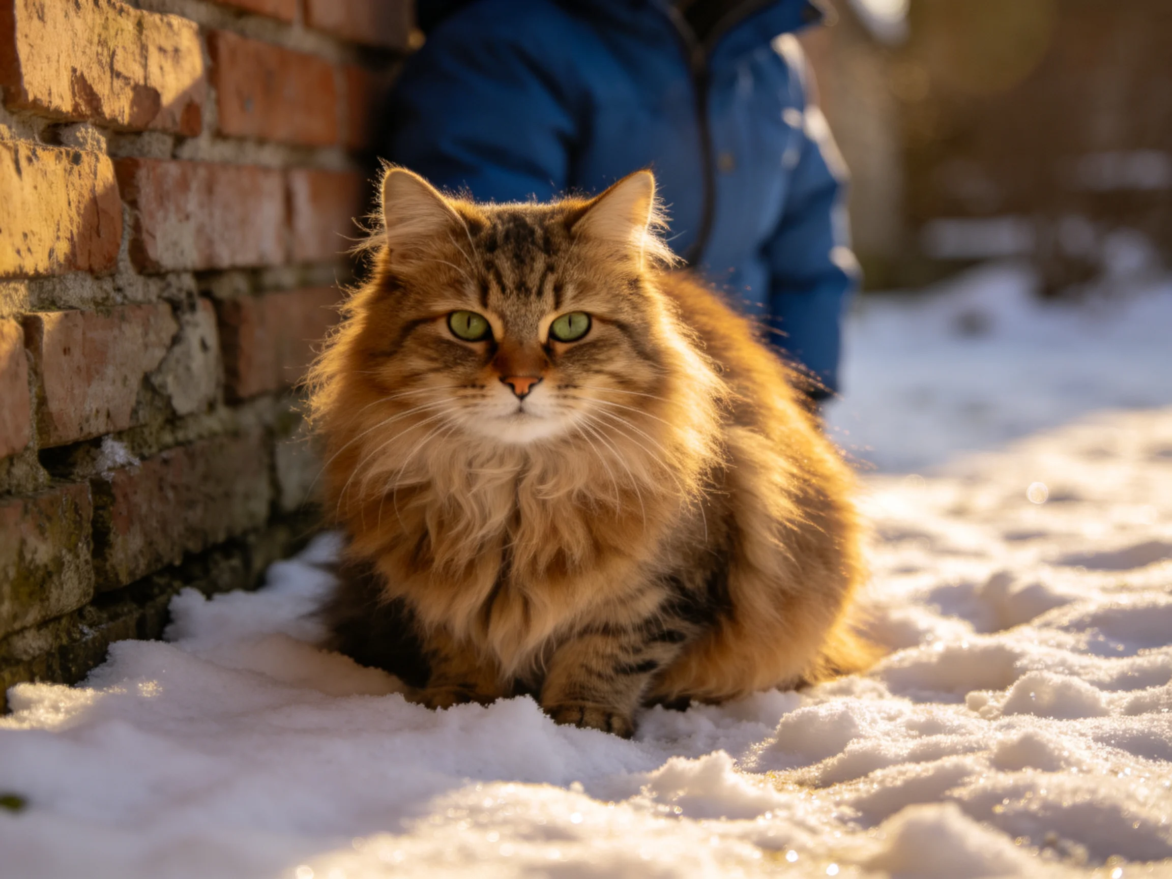 A fluffy brown tabby cat rests on snow beside a brick wall with a person nearby.