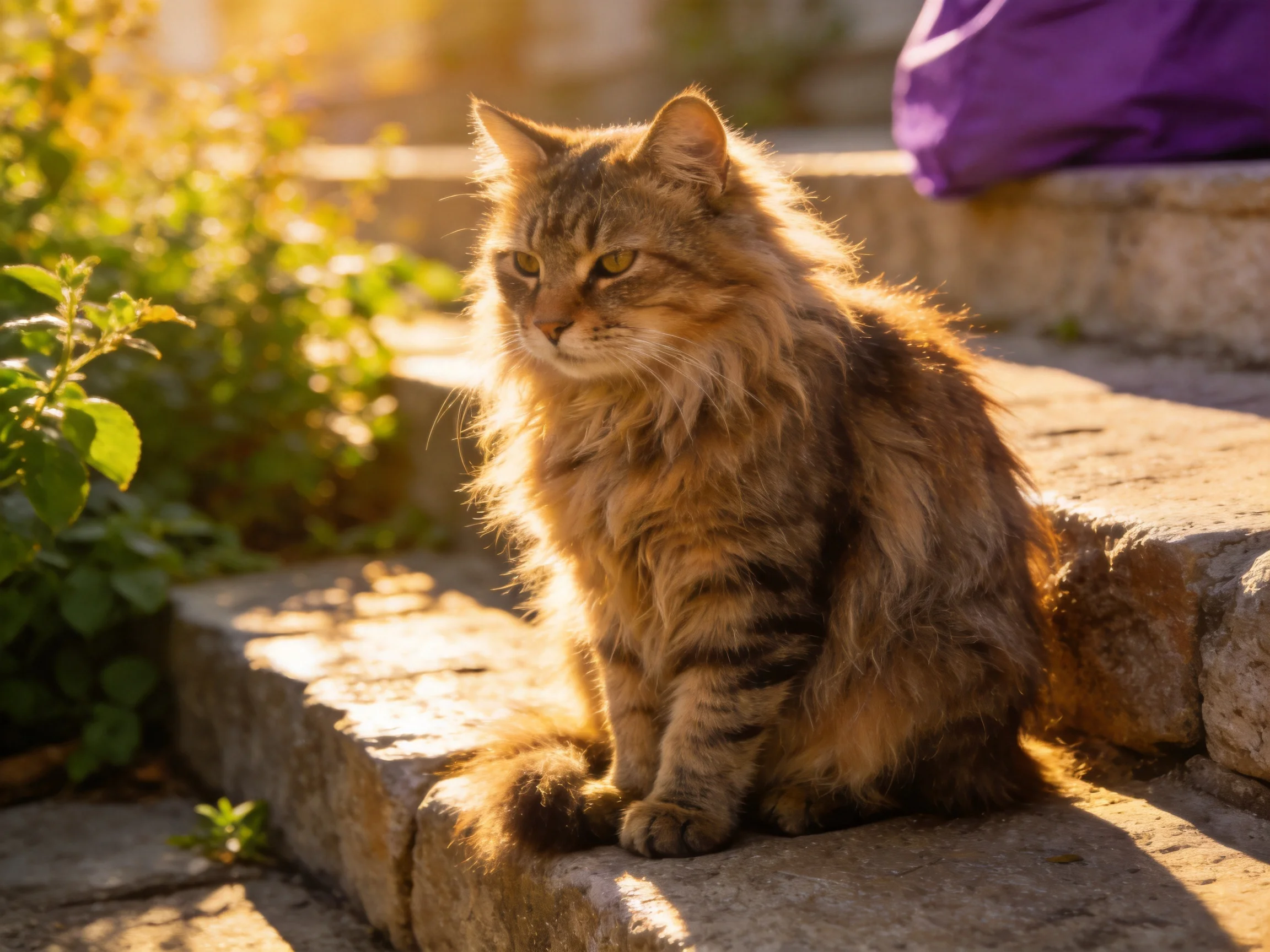 A long-haired tabby cat rests on stone steps in sunlight.