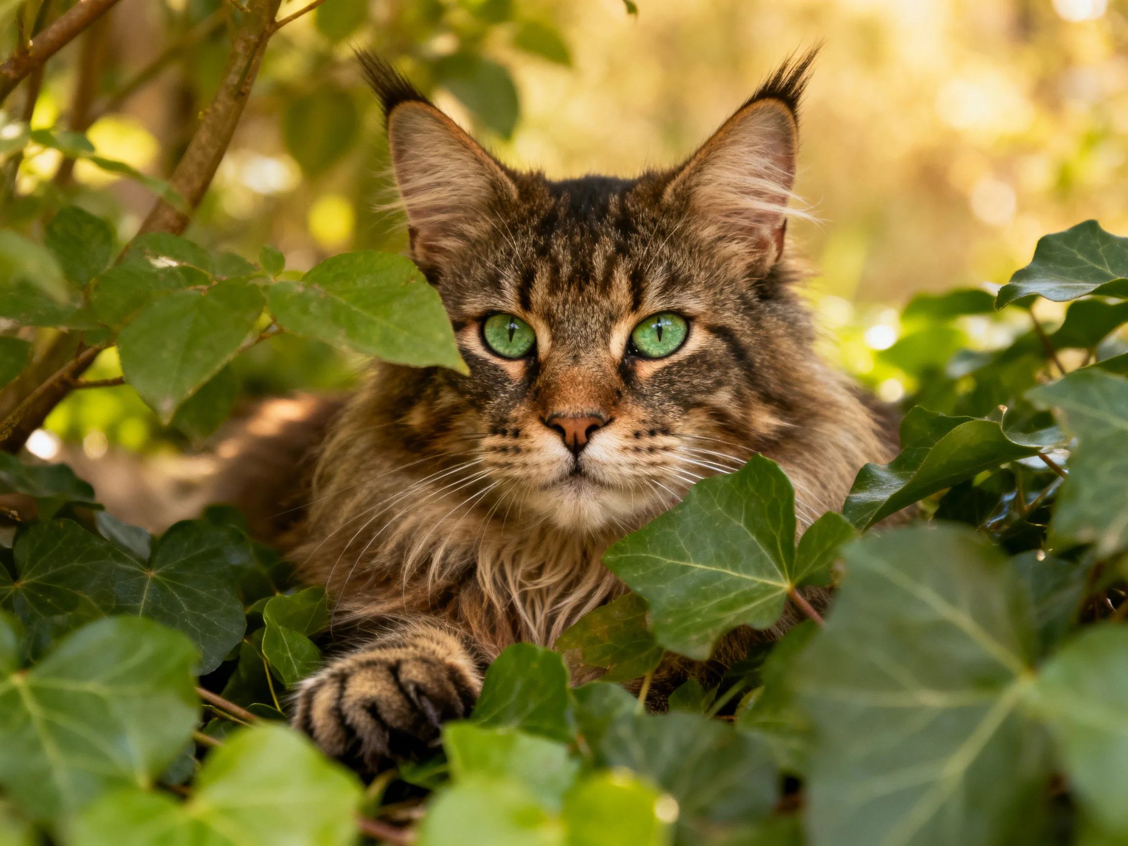 A brown tabby cat with bright green eyes rests among dense green leaves.