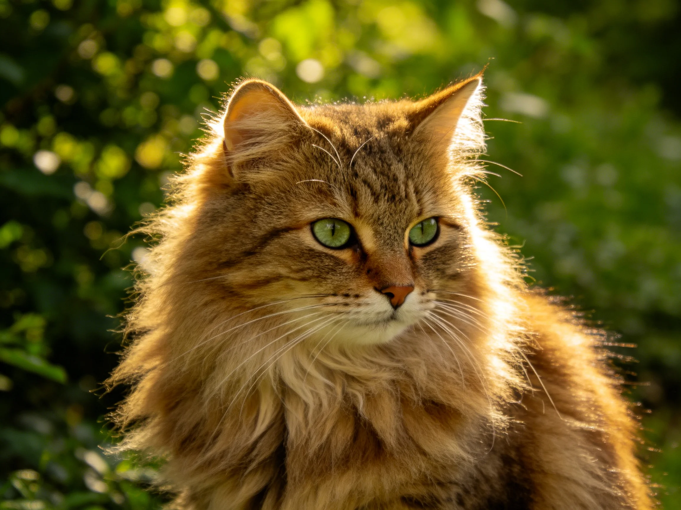 A fluffy brown cat with green eyes sits in a sunlit garden.
