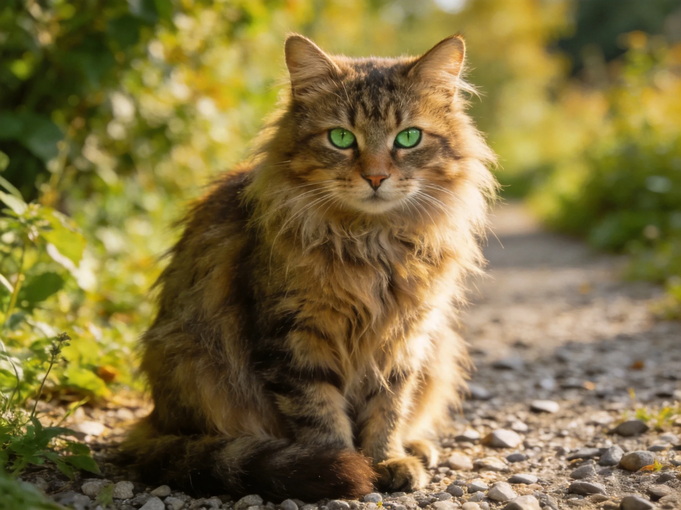 A fluffy brown tabby cat with green eyes sits on a gravel path near foliage.