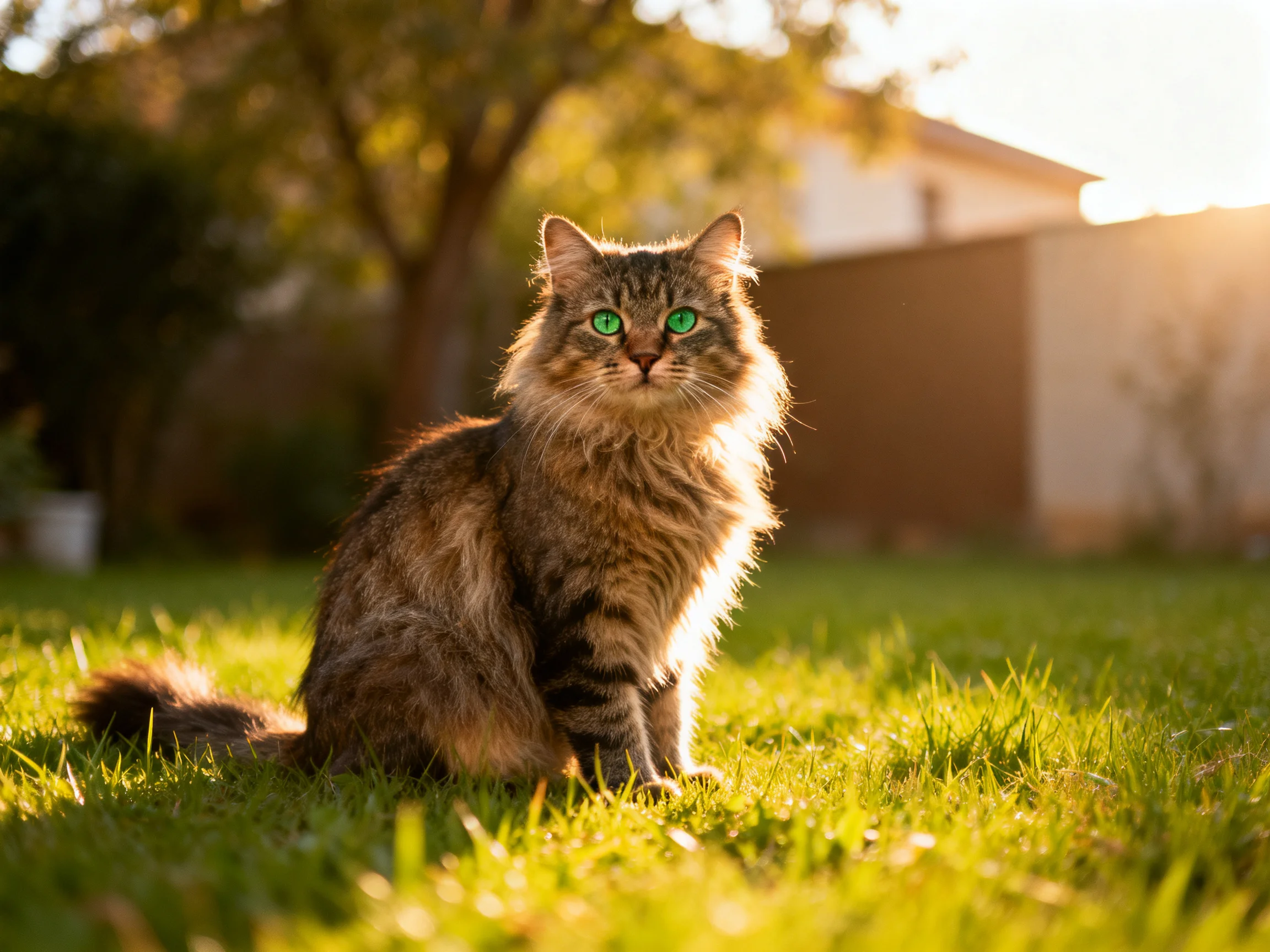 A fluffy brown tabby cat sits on sunlit grass near a house