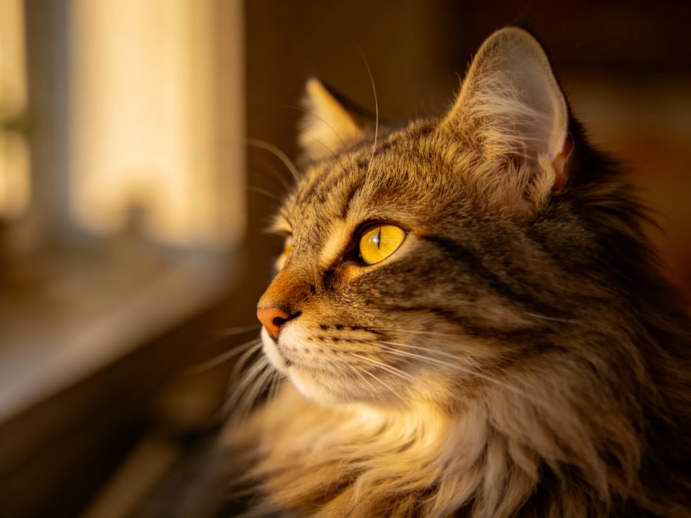 A fluffy brown tabby cat gazes thoughtfully by a sunlit window.