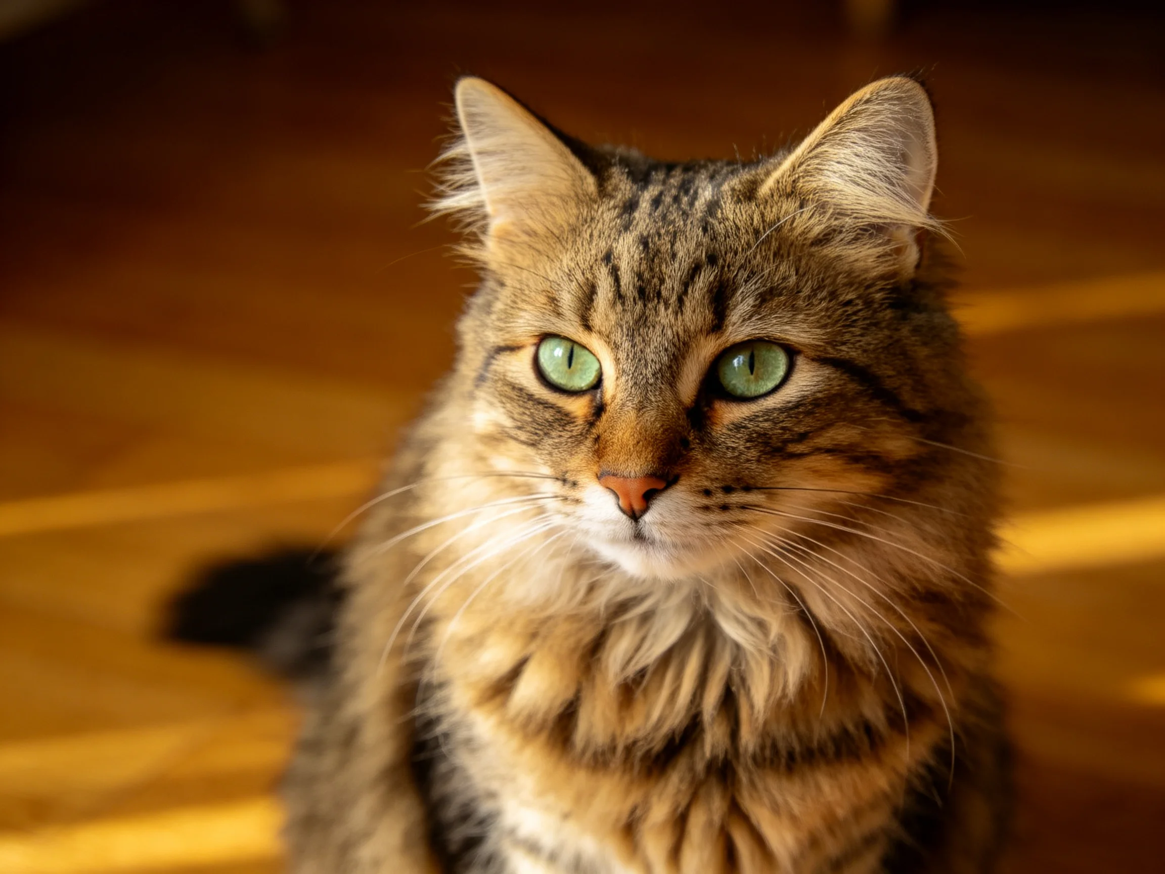 A fluffy brown tabby cat with green eyes sits on a wooden floor.