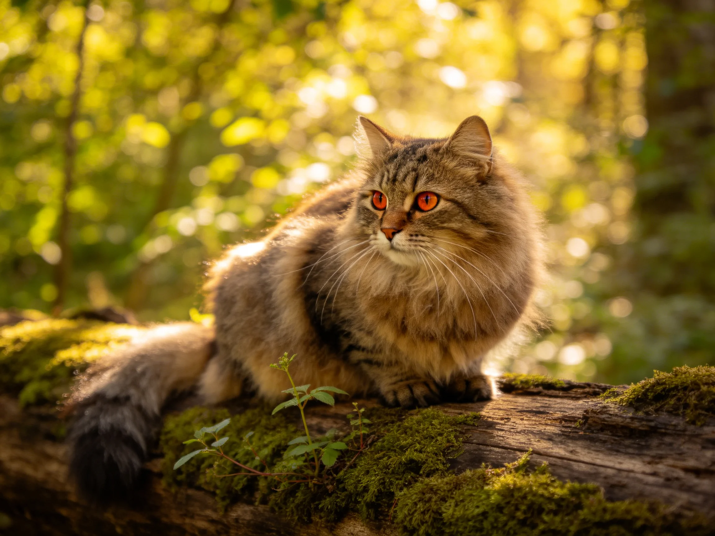 A fluffy brown tabby cat with red eyes rests on a mossy log amid sunlit forest foliage.