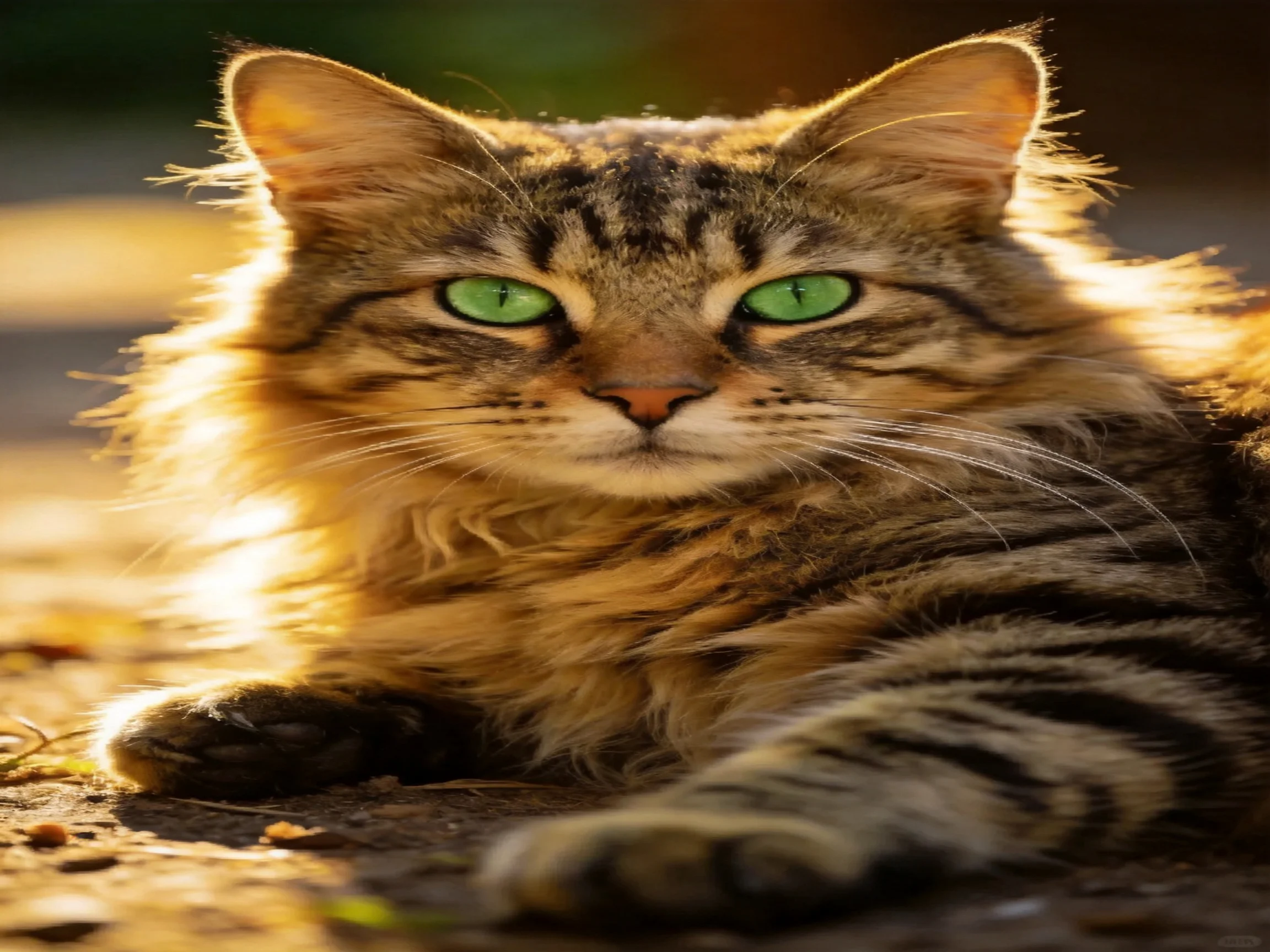 A tabby cat with green eyes relaxes in sunlight