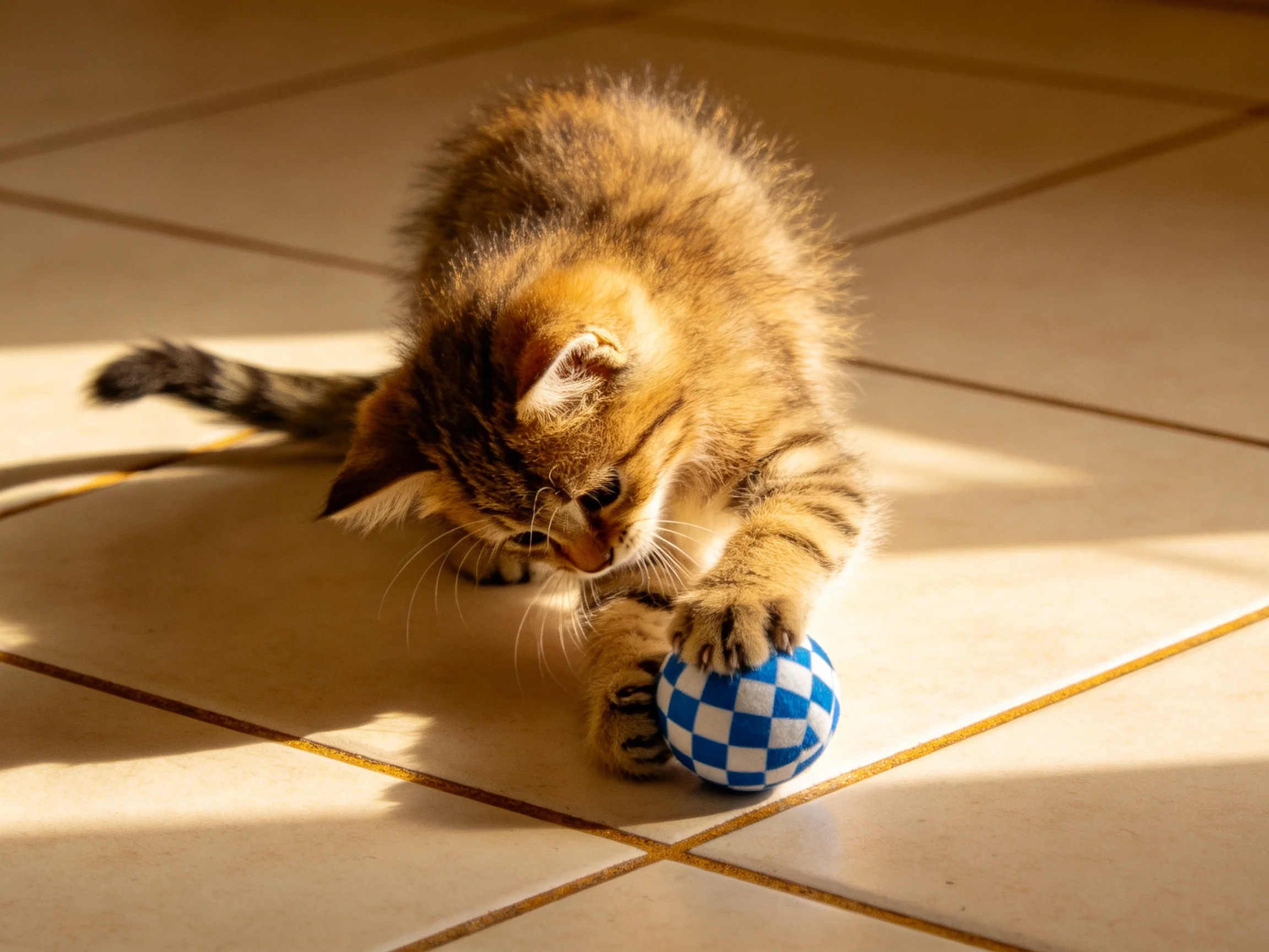 A fluffy brown tabby kitten plays with a blue - white checkered ball on tiled flooring