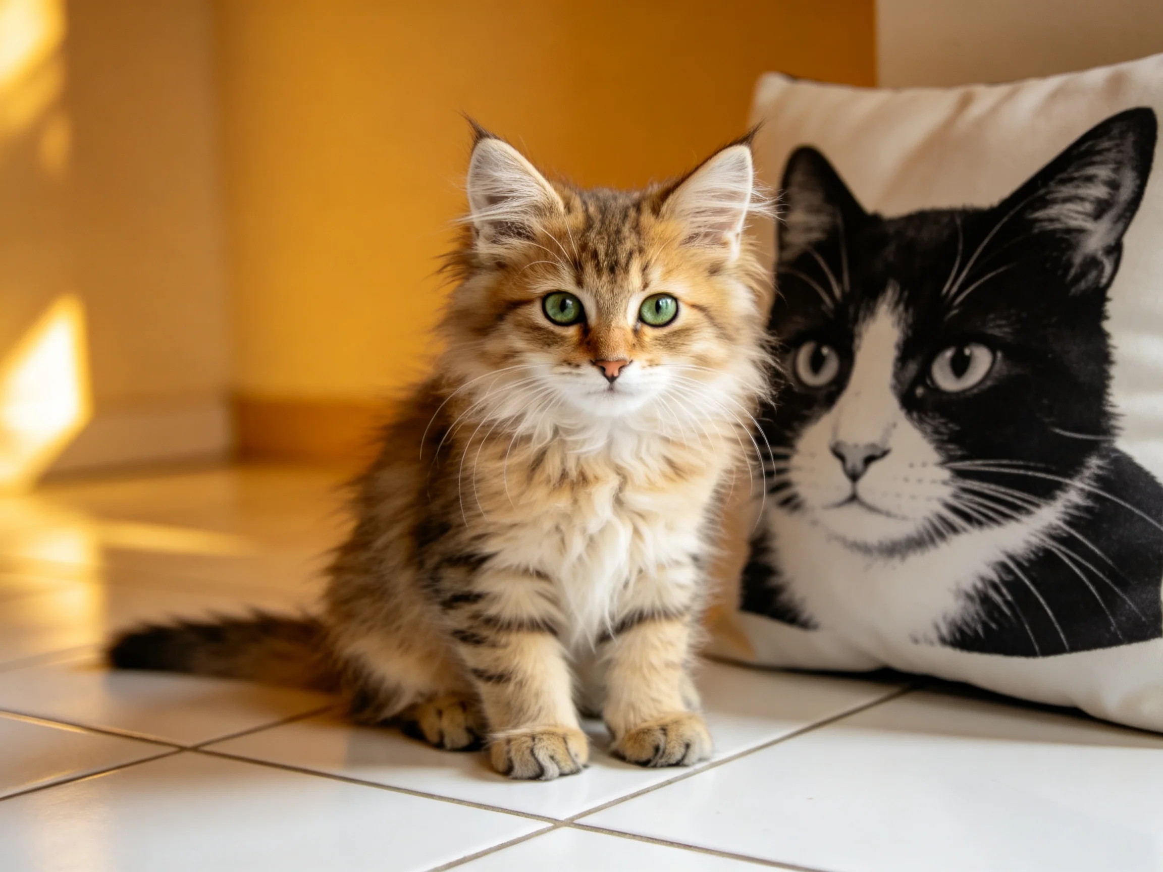 A fluffy brown tabby kitten sits next to a black - white cat pillow on tiled flooring
