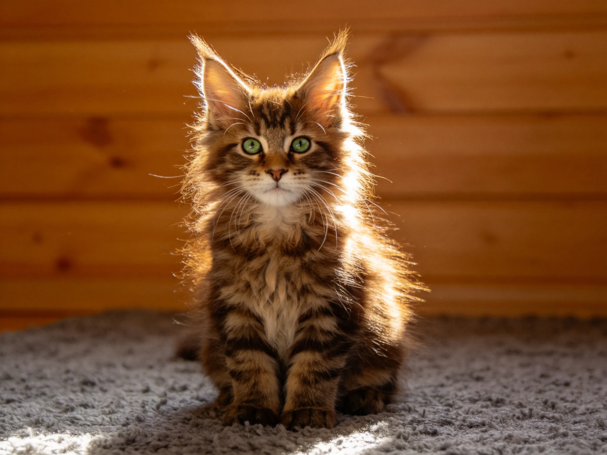 A fluffy brown tabby kitten sits calmly near a wooden wall on a soft gray carpet.