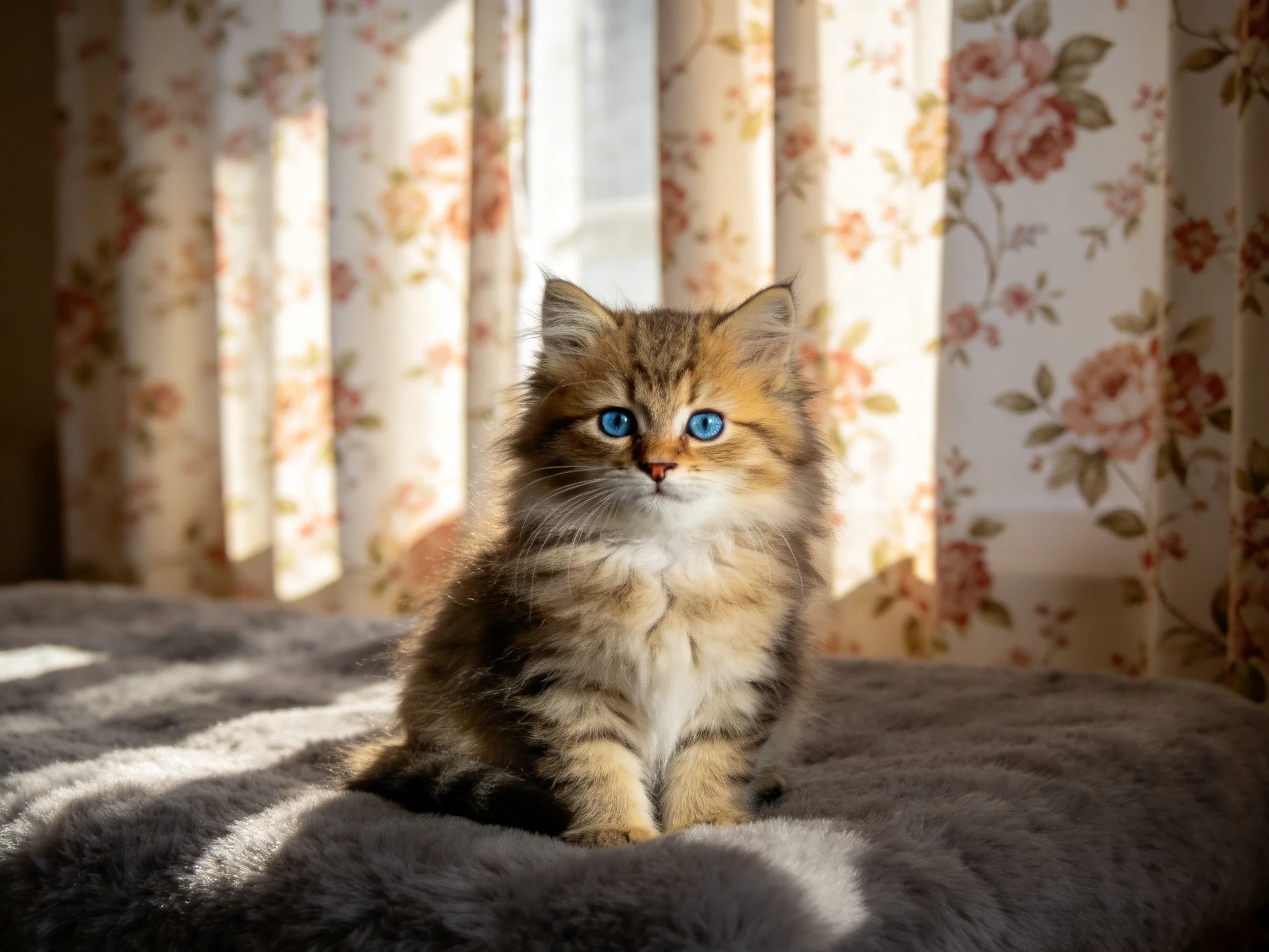 A fluffy brown tabby kitten sits on a gray cushion in front of floral curtains.