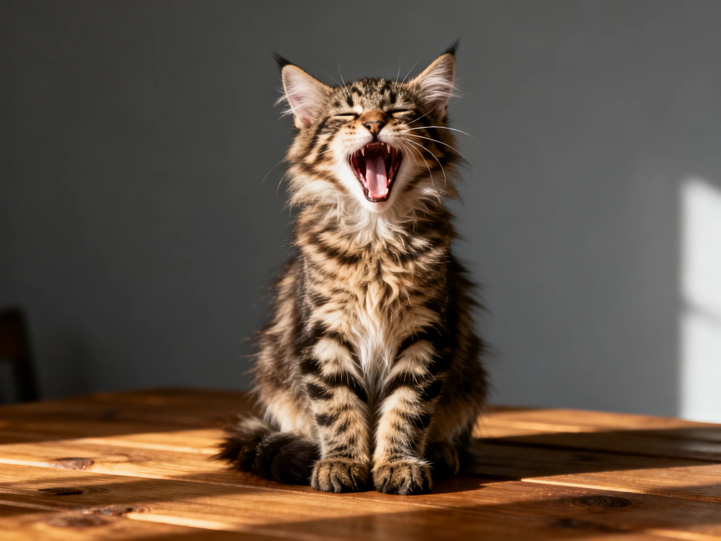 A fluffy brown-tabby kitten yawning on a wooden table
