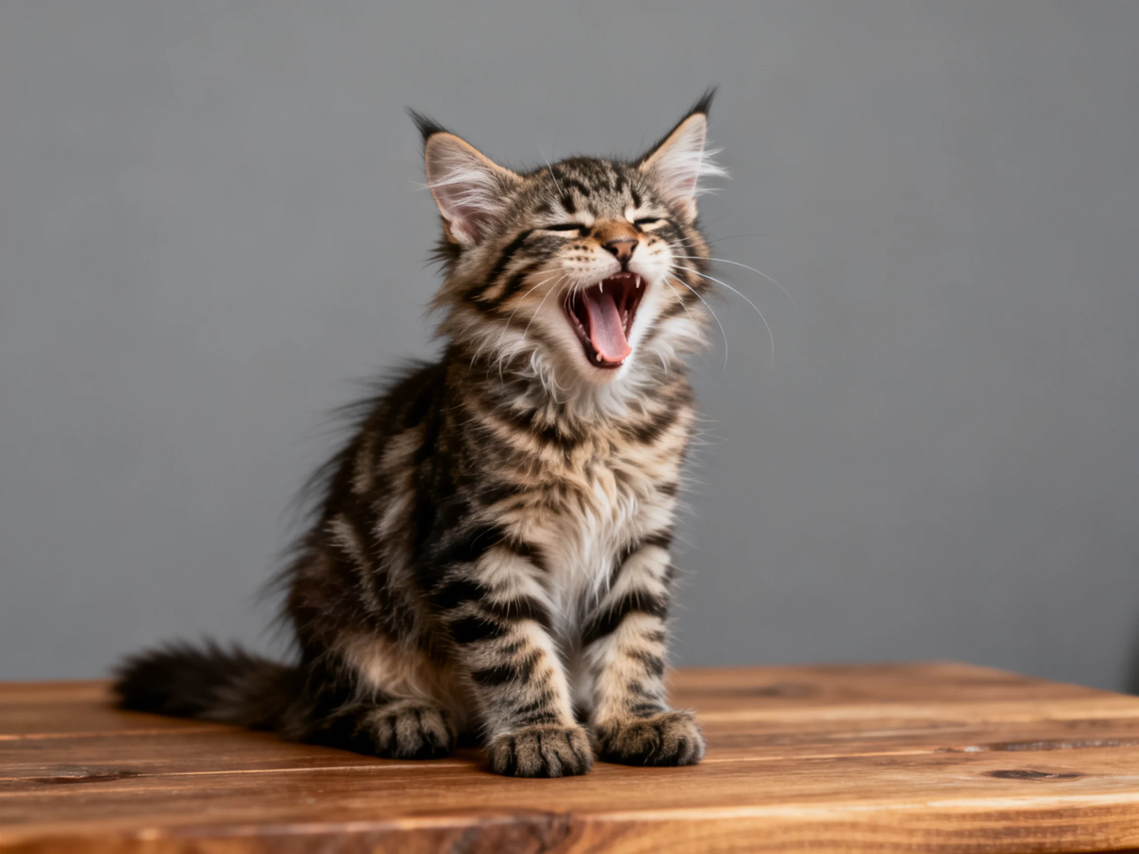 A fluffy brown-tabby kitten yawning on a wooden table