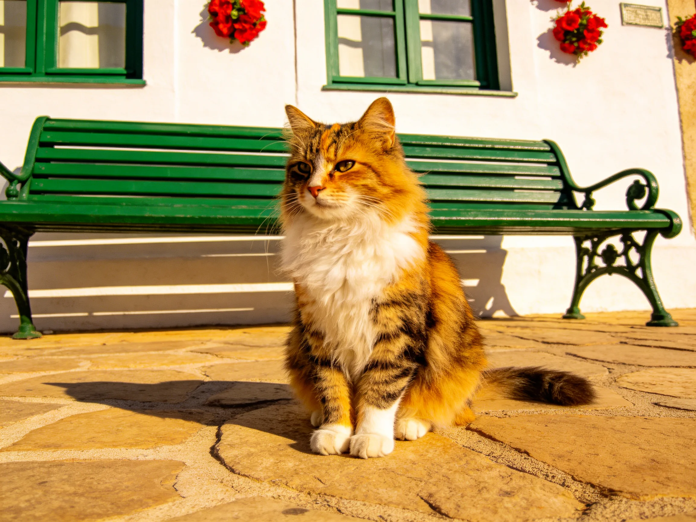 A fluffy calico cat sits near a green bench outside a white building.