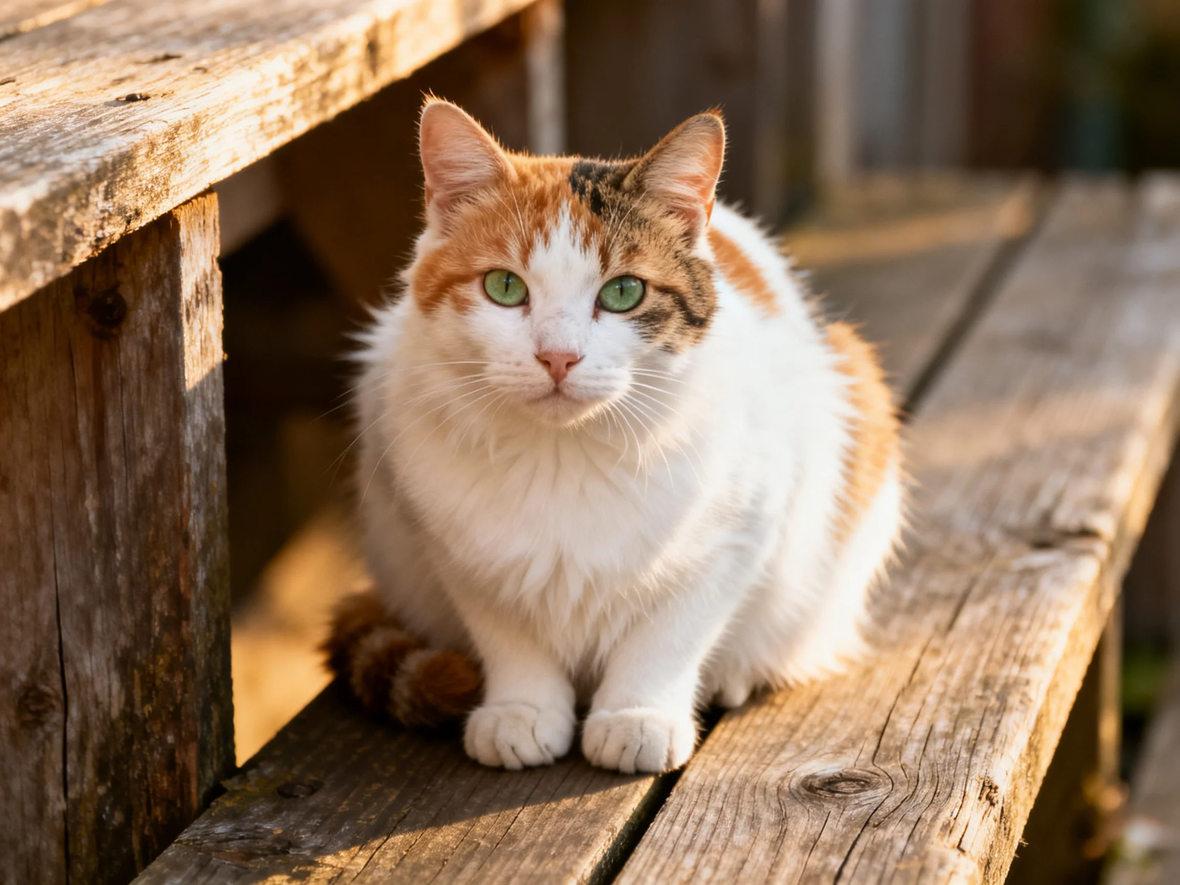 A fluffy calico cat sits on weathered wooden steps in warm sunlight