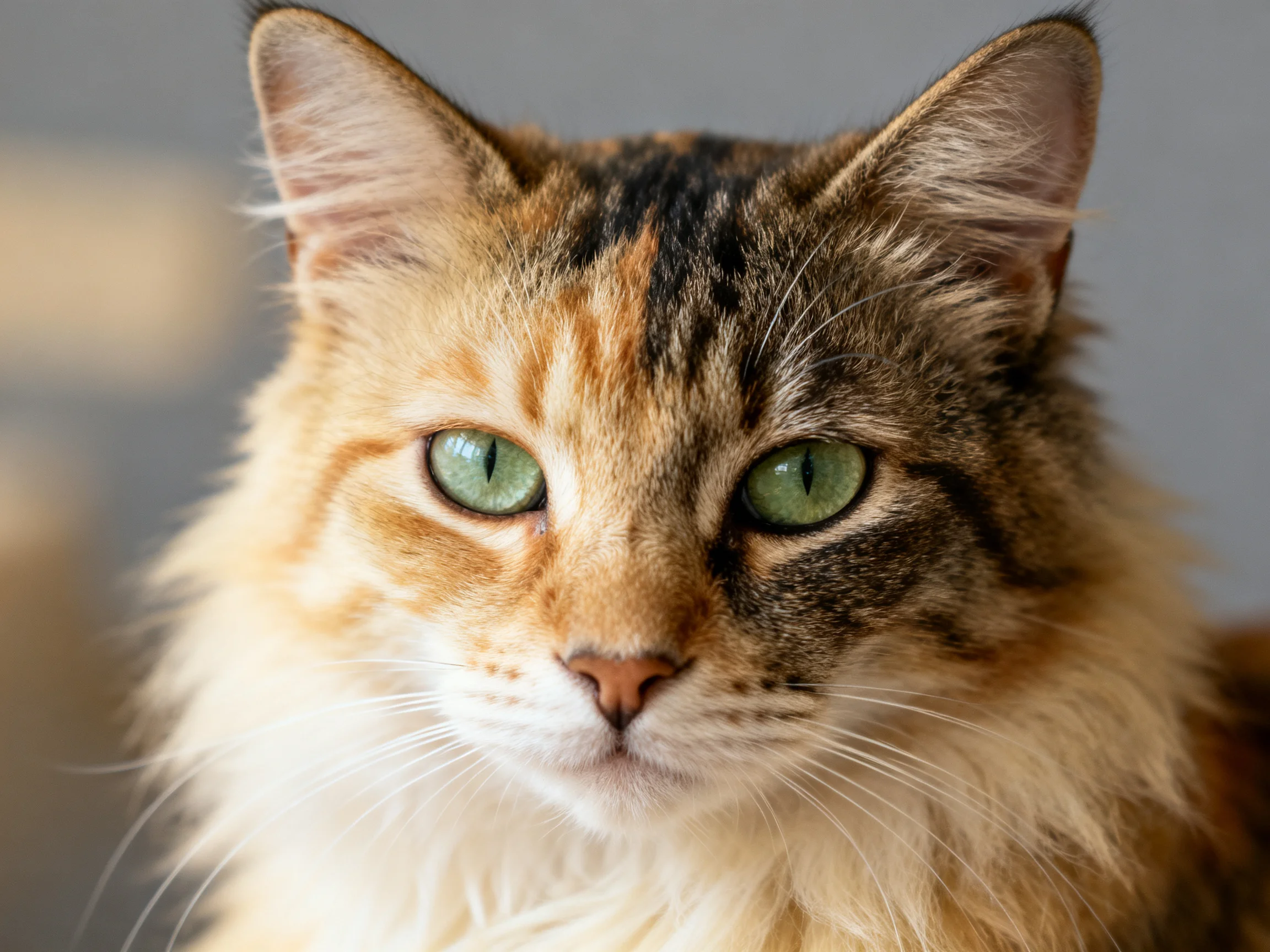 A close - up of a fluffy calico cat with striking green eyes.