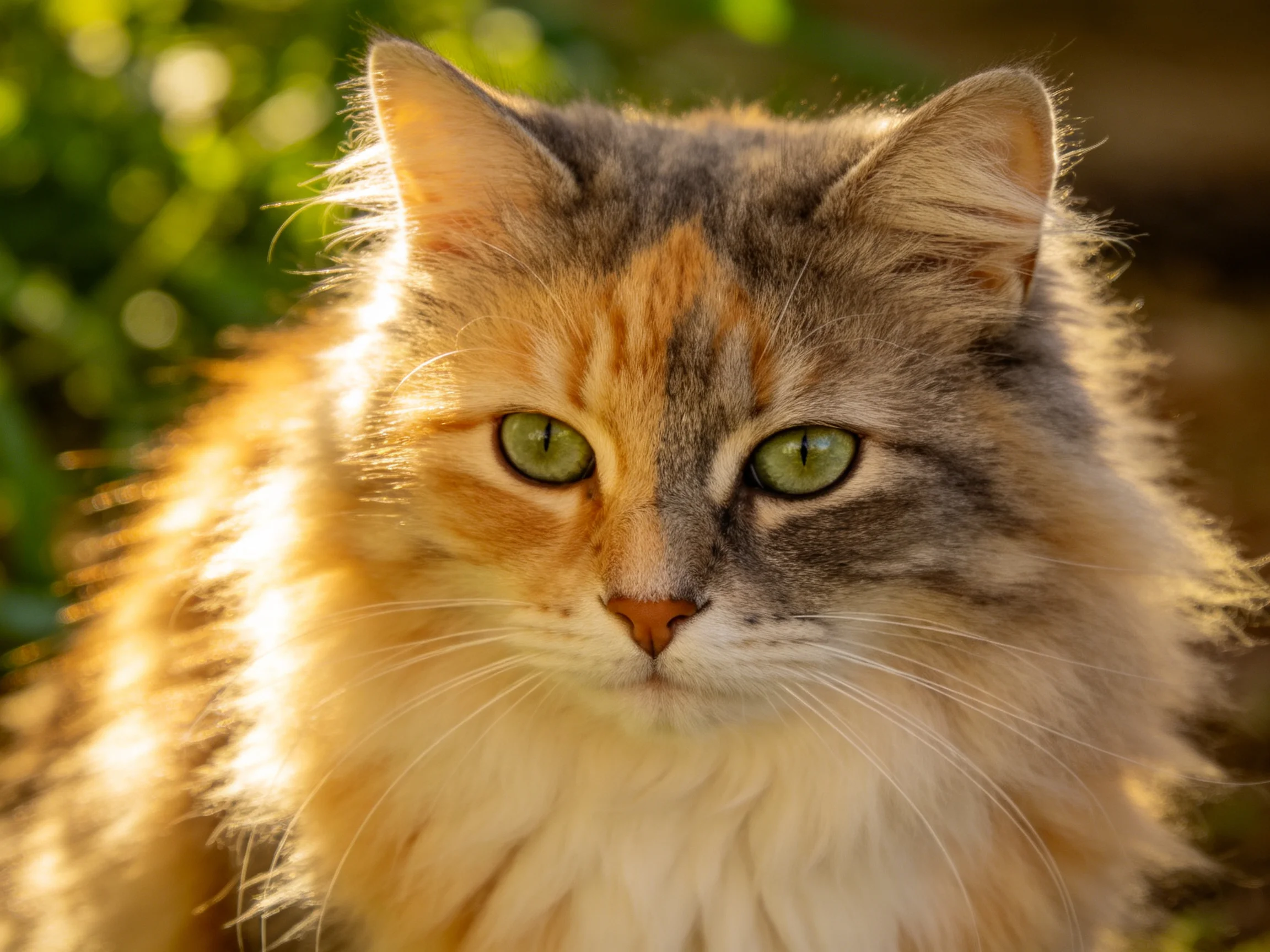 A fluffy calico cat with green eyes sits in a sunlit outdoor area.