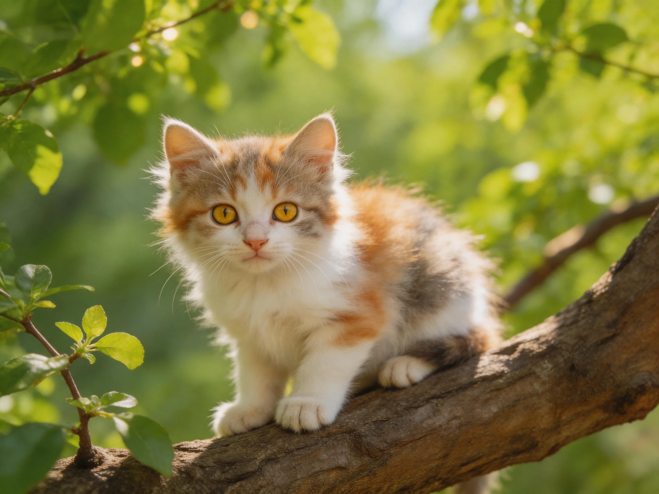 A fluffy calico kitten sits on a brown tree branch surrounded by green leaves in bright sunlight.