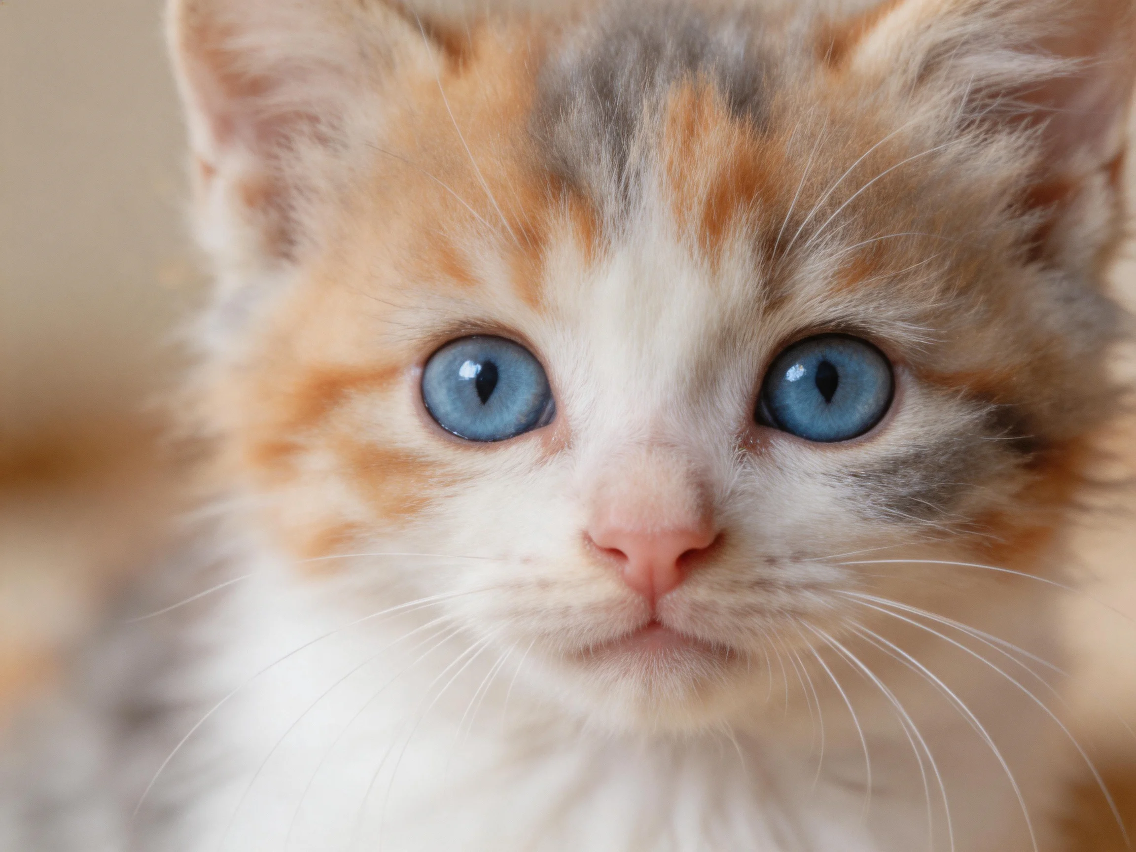 A fluffy calico kitten with bright blue eyes stares forward.