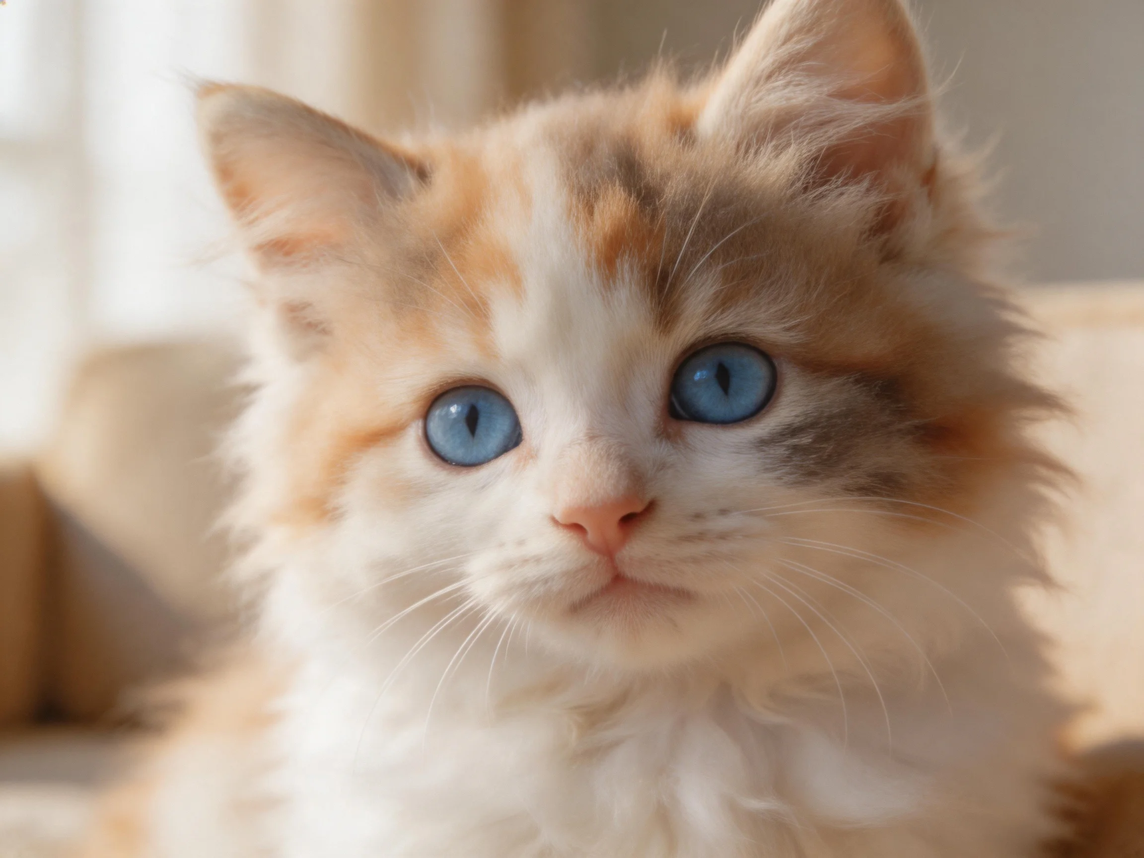 A fluffy calico kitten with bright blue eyes is indoors.