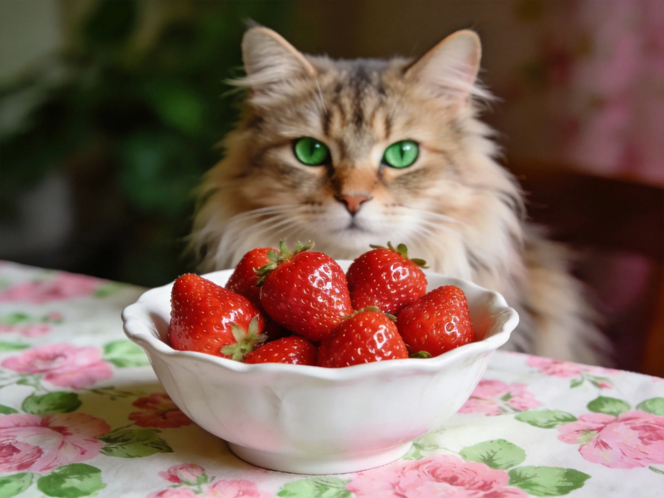 A fluffy cat gazes at a bowl of ripe strawberries on a floral tablecloth
