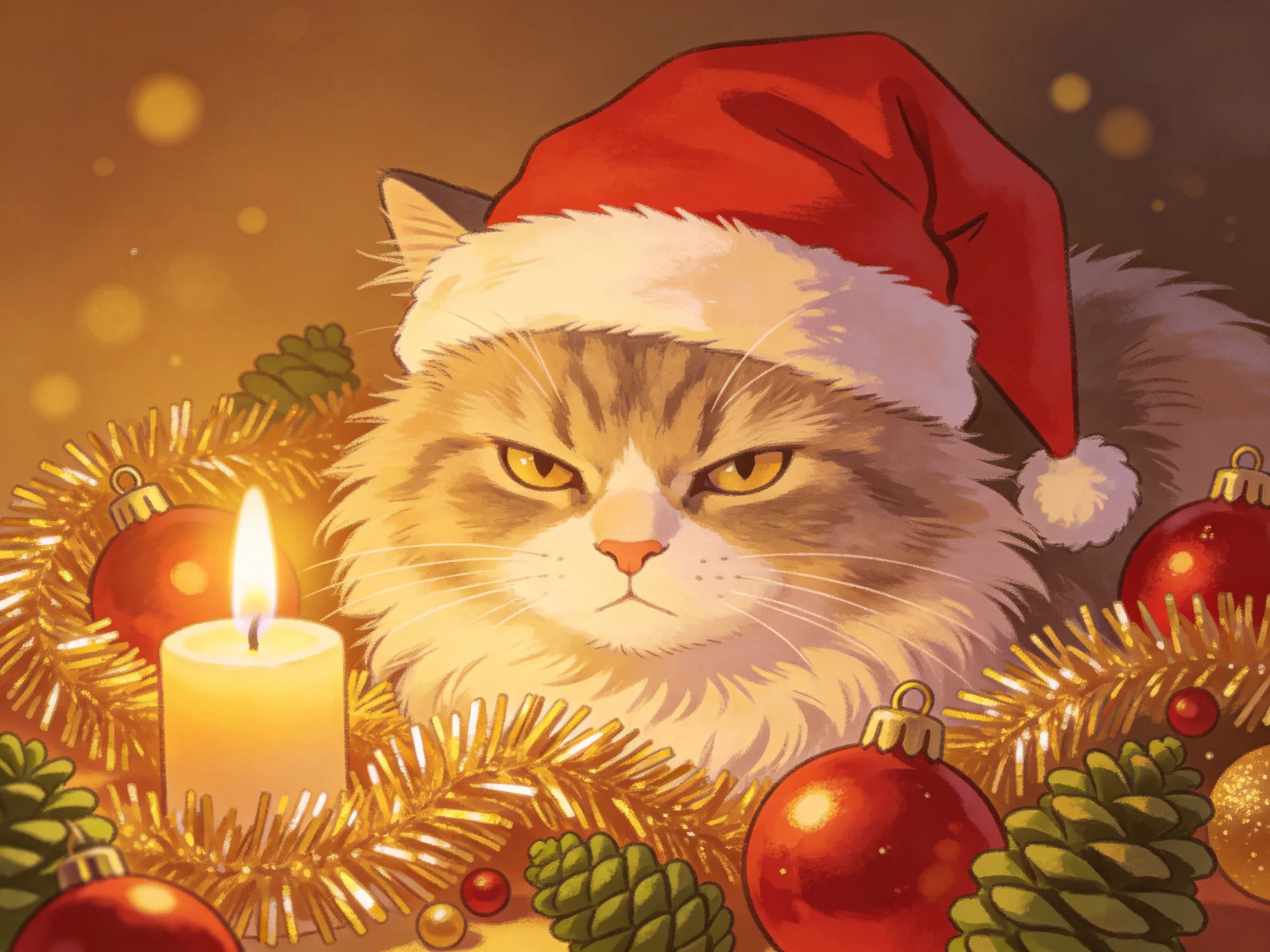 A fluffy cat in a red Santa hat with Christmas decorations