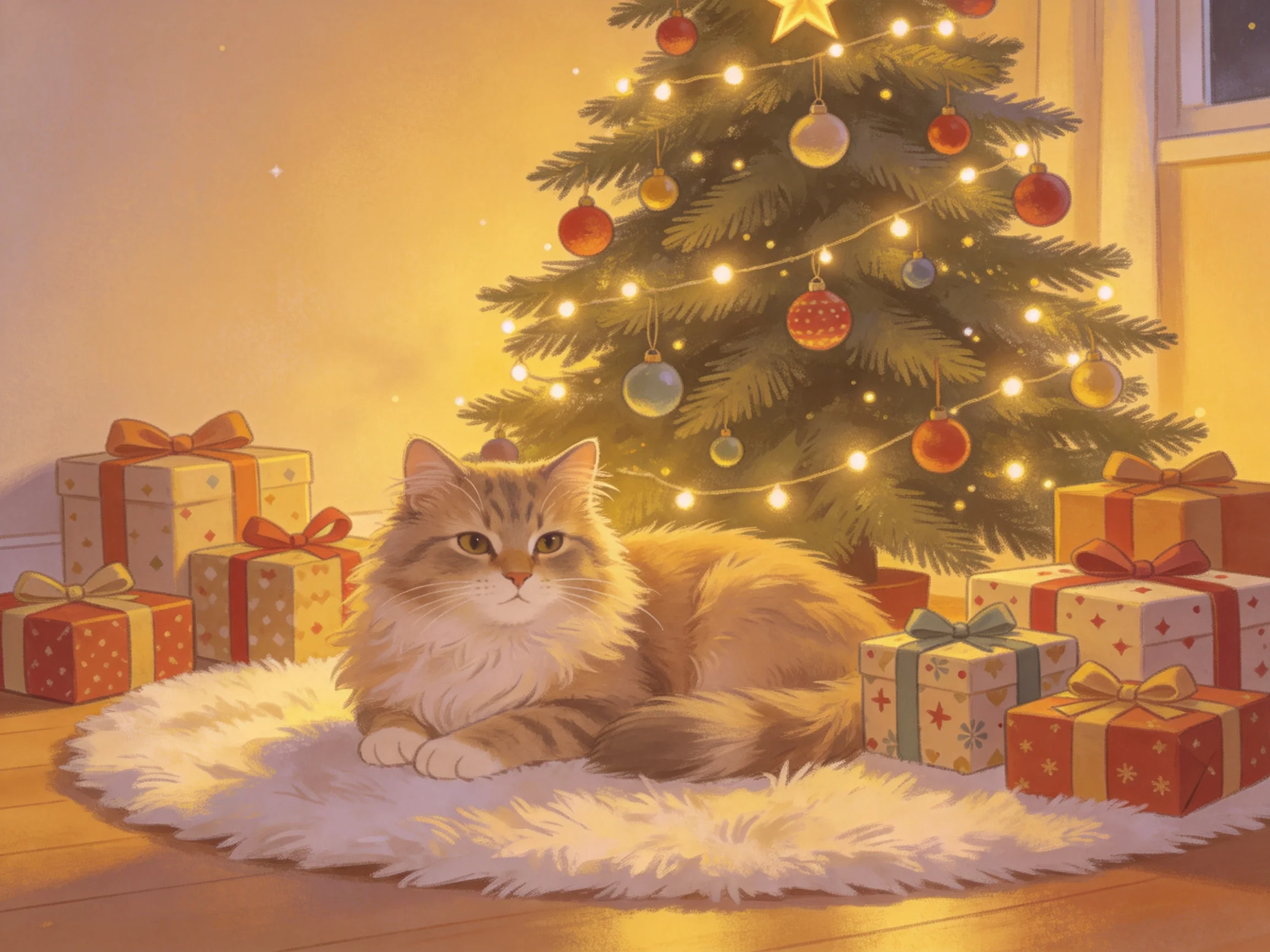 A fluffy cat lies near a decorated Christmas tree with wrapped gifts