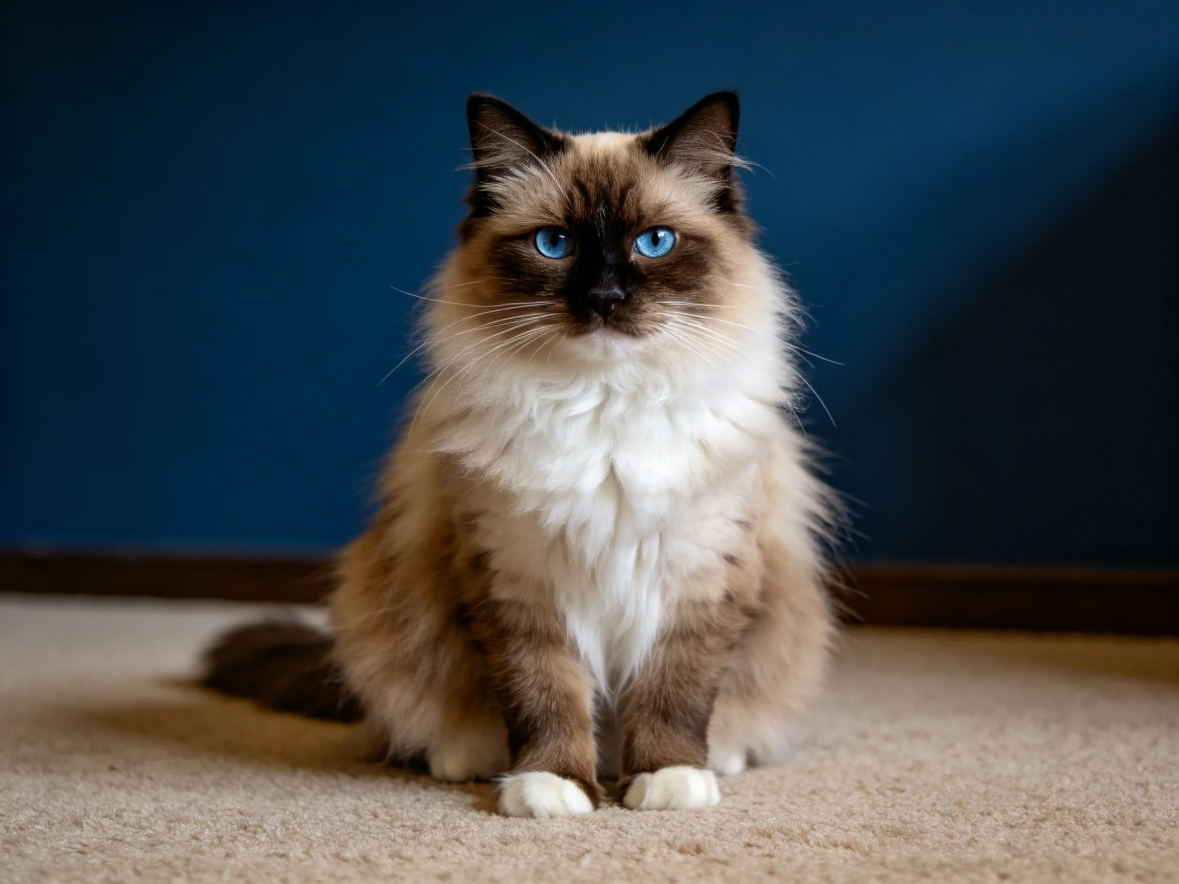 A fluffy cat with blue eyes sits calmly on a carpet beside a dark blue wall.