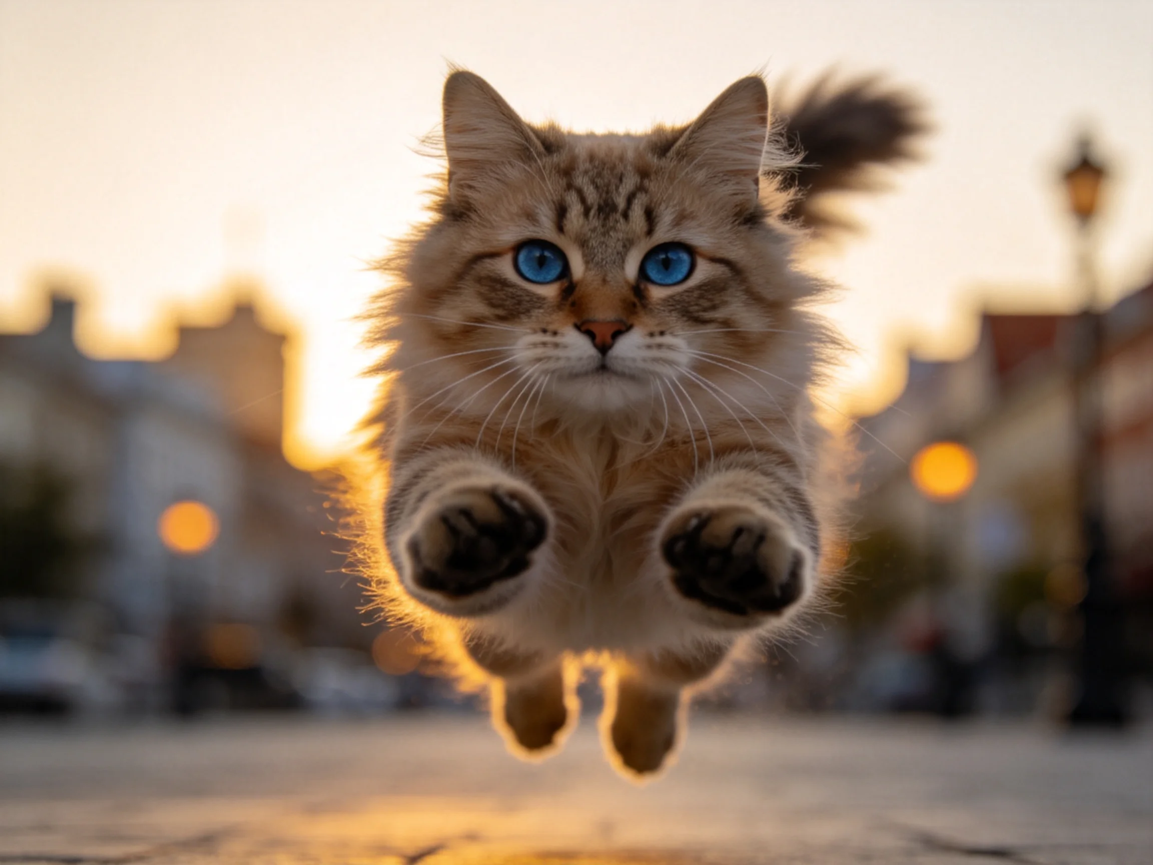 A fluffy cat with bright blue eyes jumps in a sunlit city street.