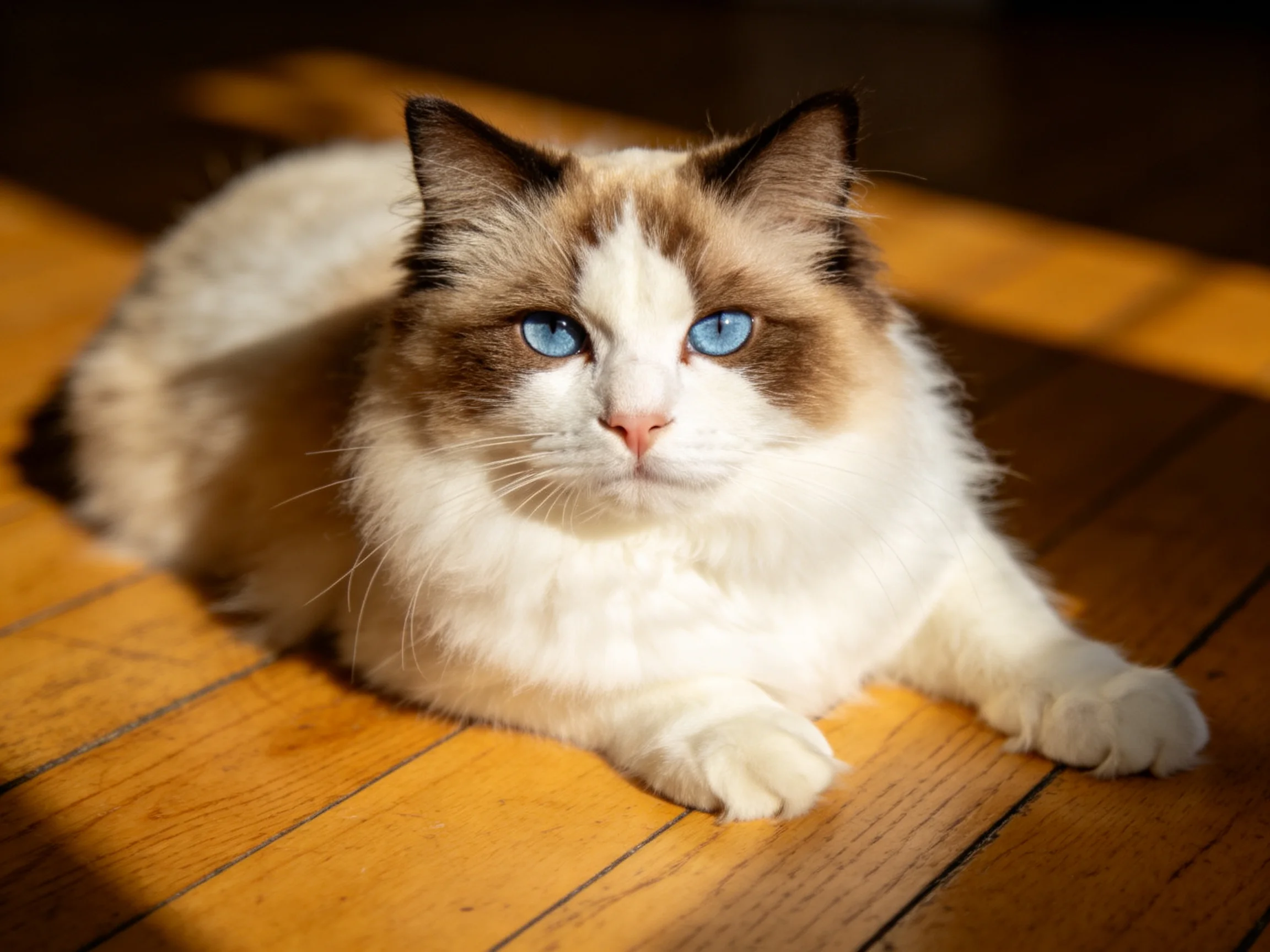 A fluffy cat with bright blue eyes relaxes on a wooden floor.