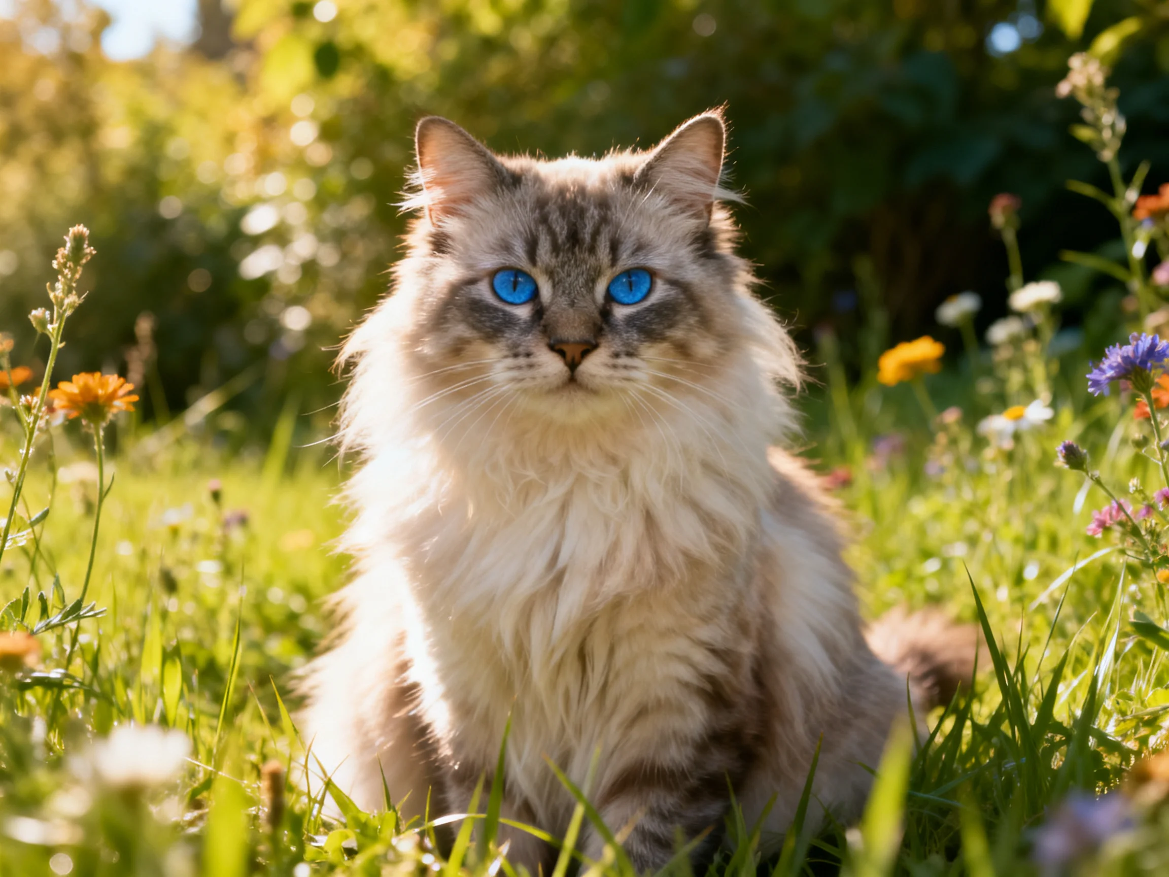 A cat with bright blue eyes rests in a sunlit meadow full of wildflowers