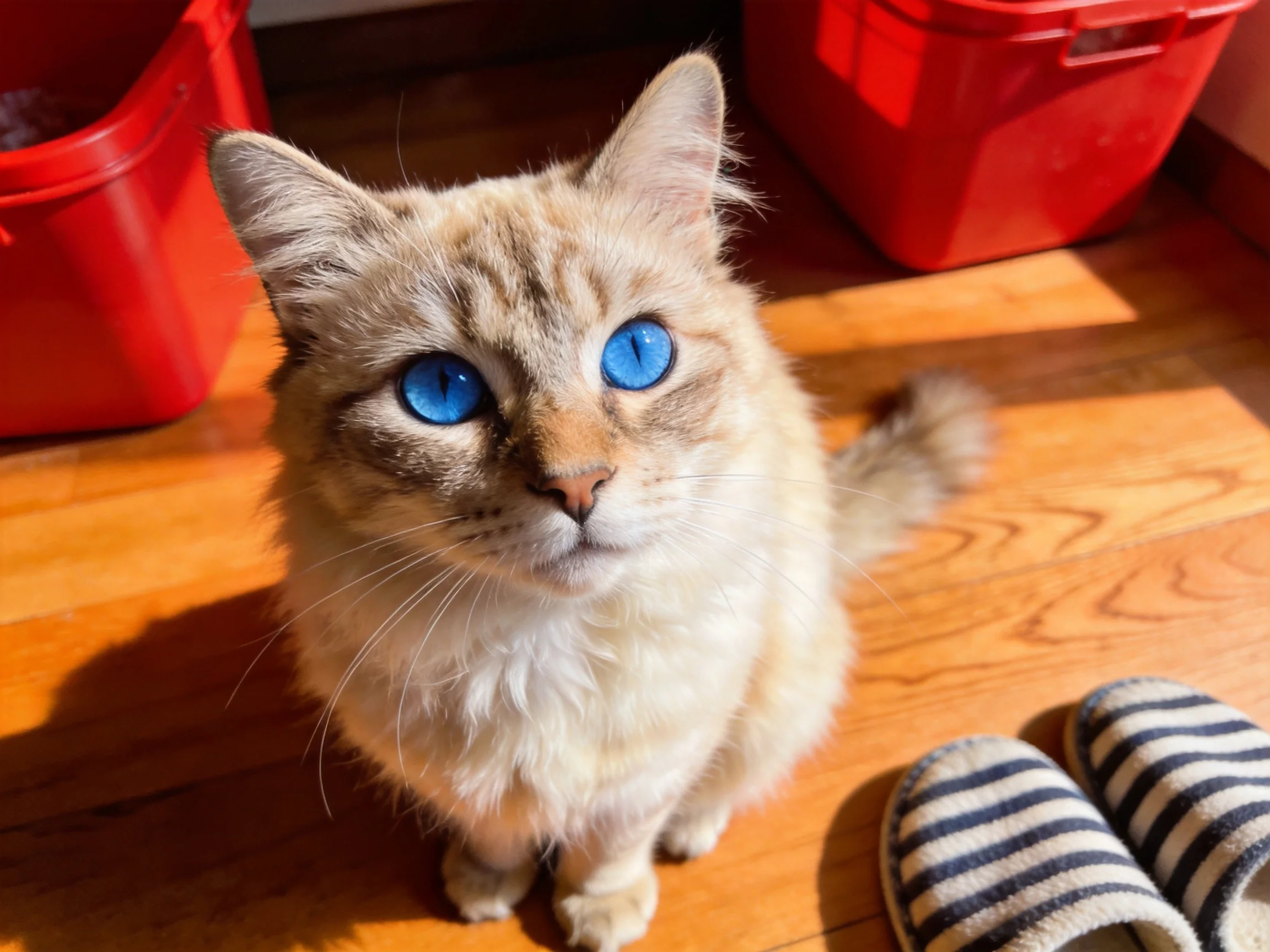 A cat with bright blue eyes sits on a wooden floor near red containers.