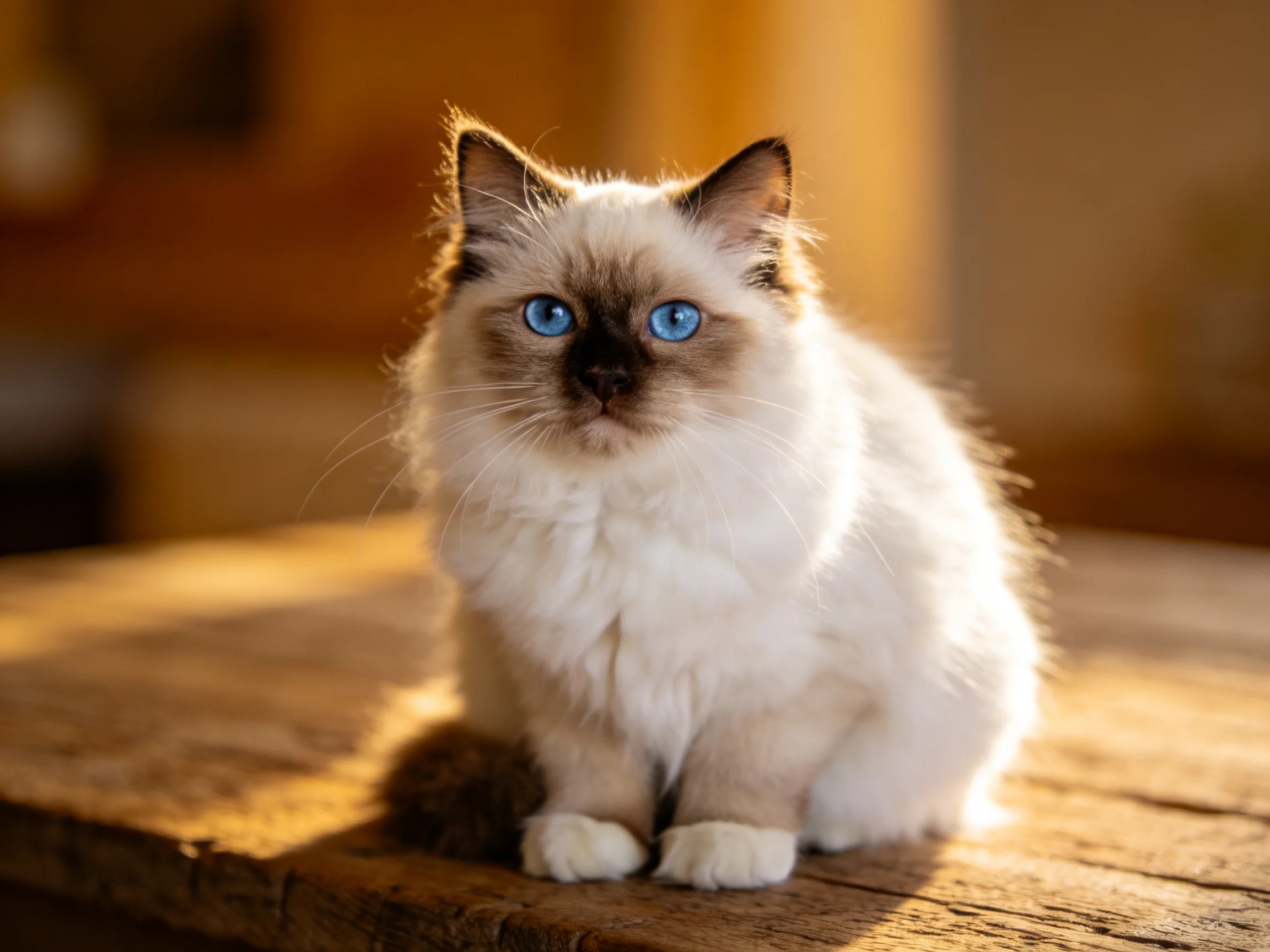 A fluffy cat with blue eyes sits on a wooden table in a warmly lit environment.