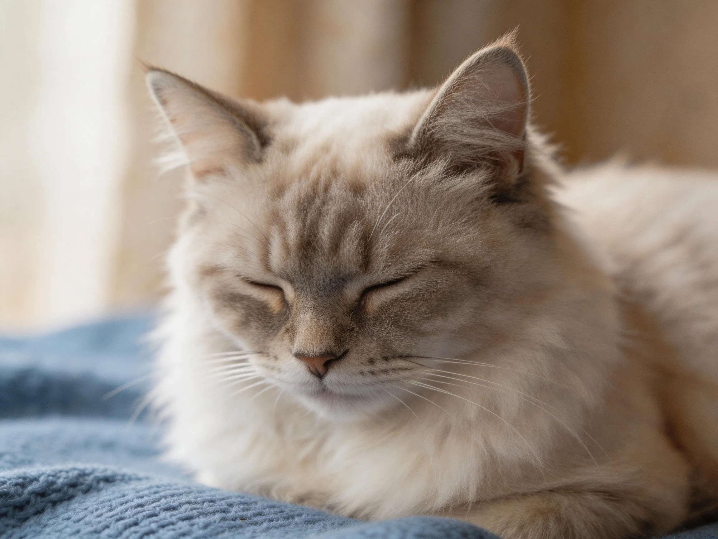 A fluffy cream-and-gray cat sleeps on a soft blue blanket