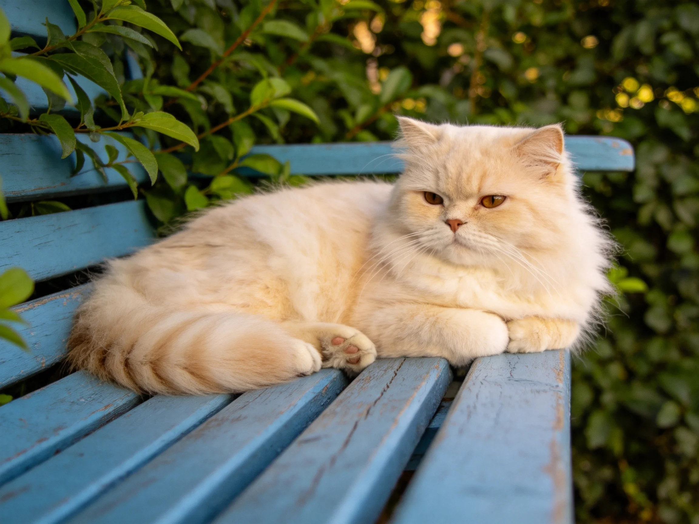 A fluffy cream cat relaxes on a blue park bench among greenery