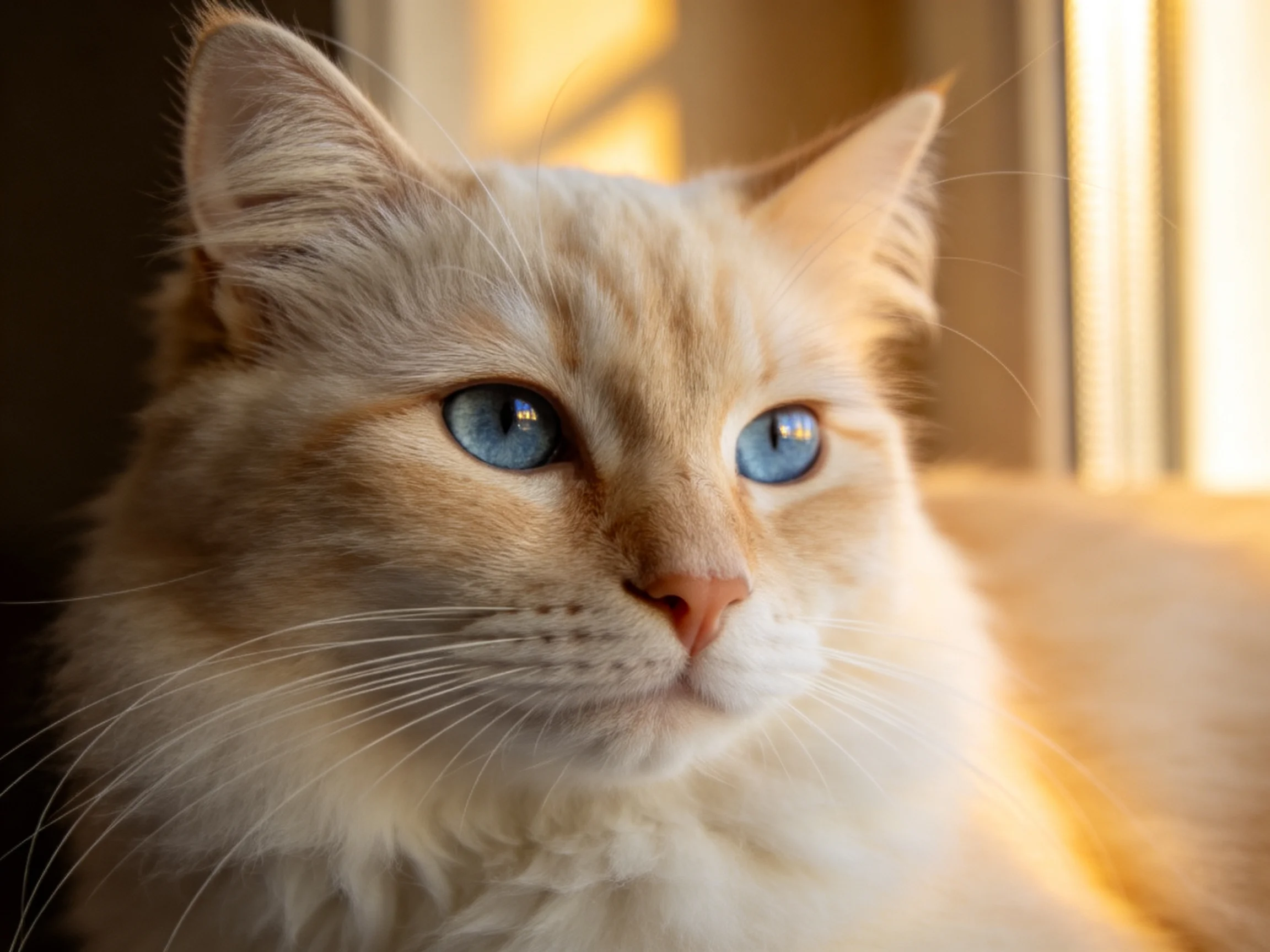 A fluffy cream cat with blue eyes rests by a sunlit window.