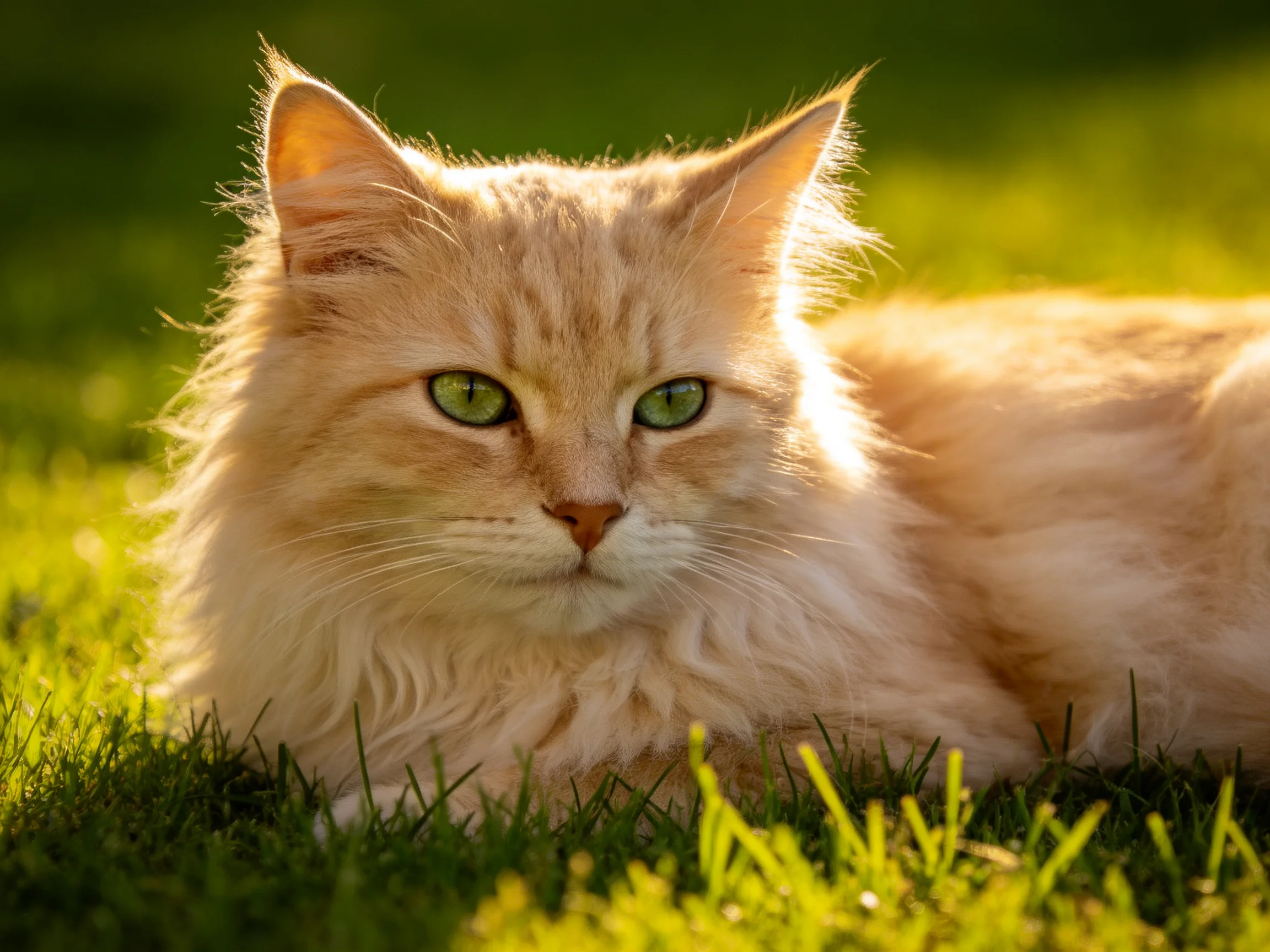 A fluffy cream cat relaxes on sunlit grass.