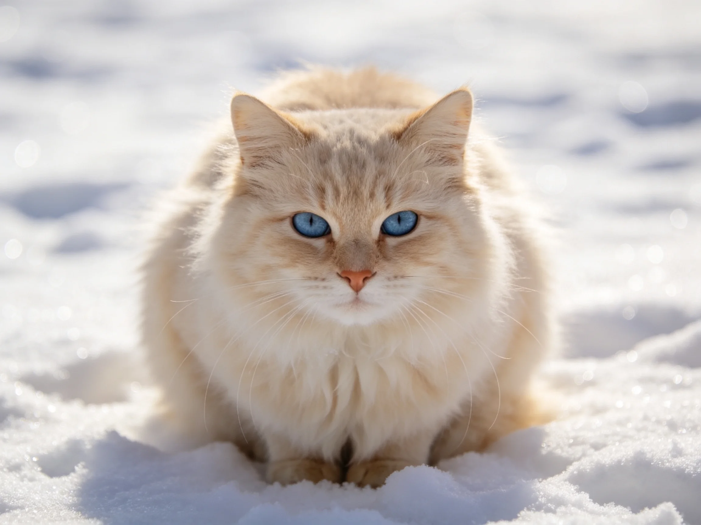 A cream-colored cat with blue eyes rests in bright snow.
