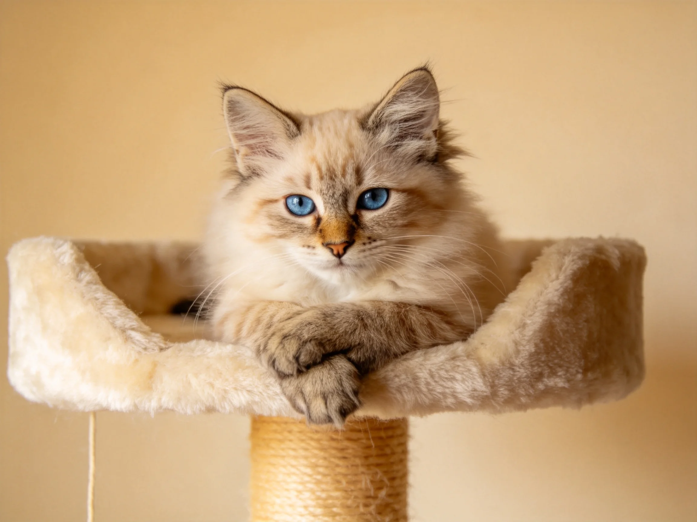 A fluffy cat with bright blue eyes rests on a plush cat tree bed.