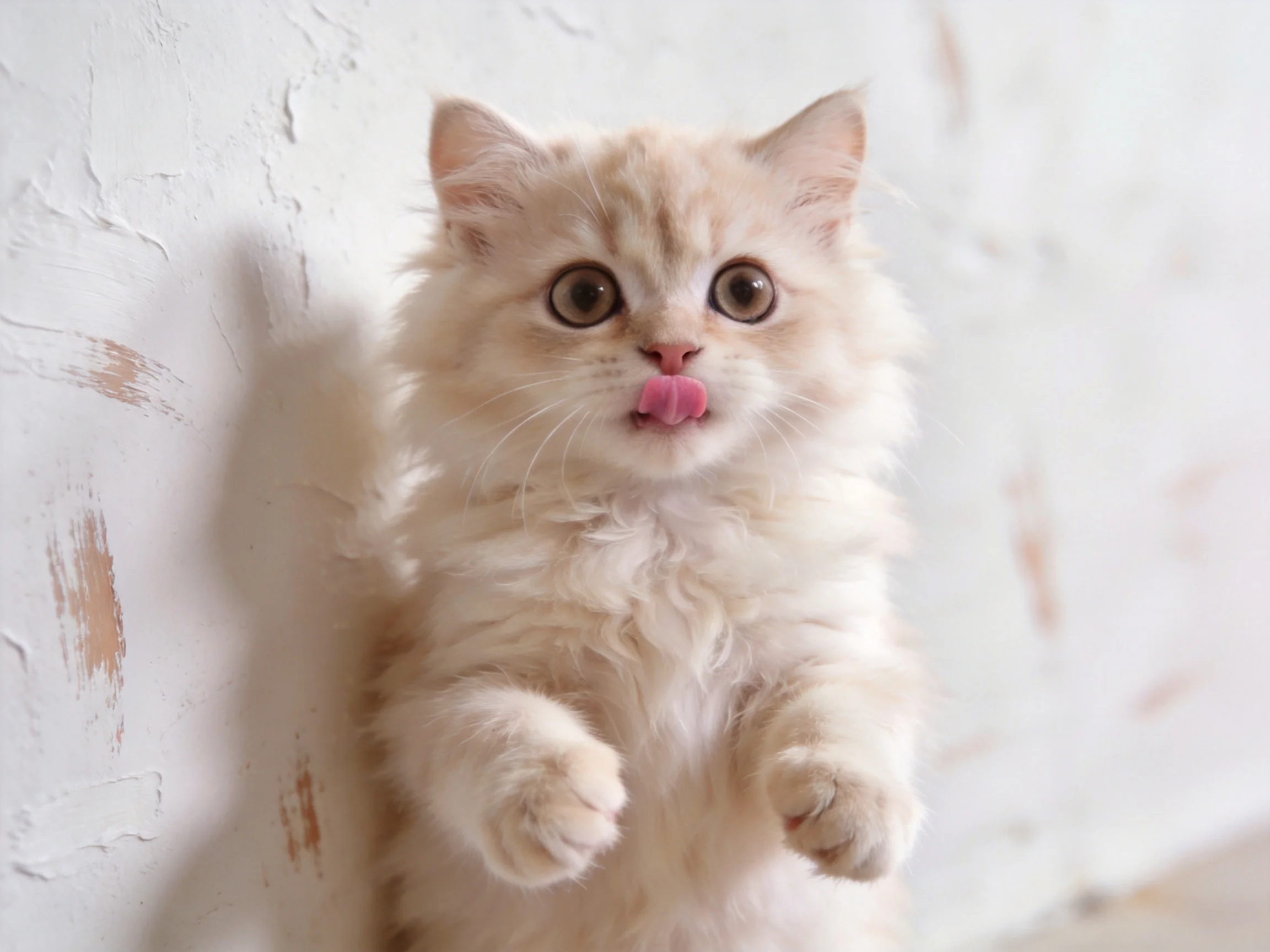 A small cream-colored kitten stands upright against a white wall with peeling paint