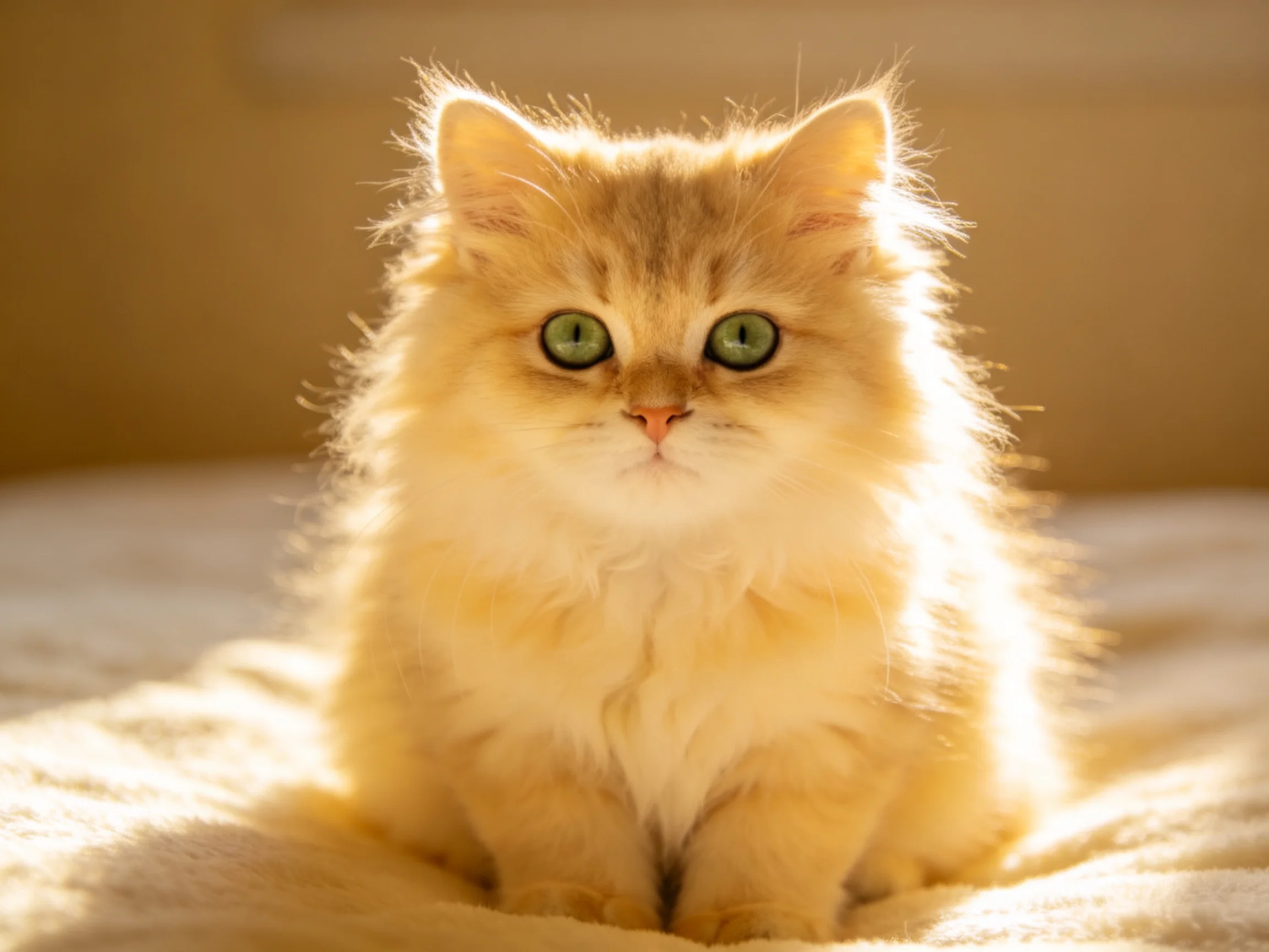 A fluffy cream kitten with bright green eyes sits on a soft fabric.