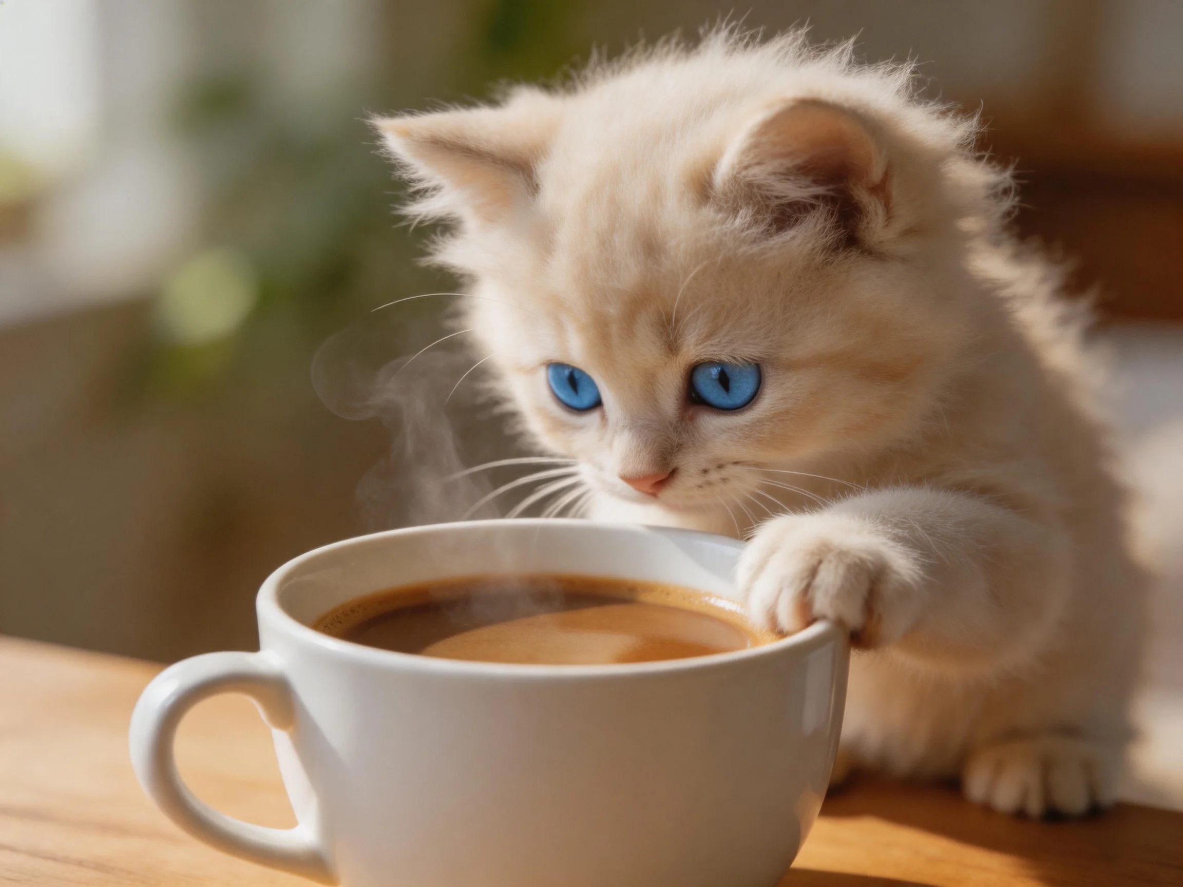 A fluffy cream kitten with bright blue eyes by a steaming white coffee cup