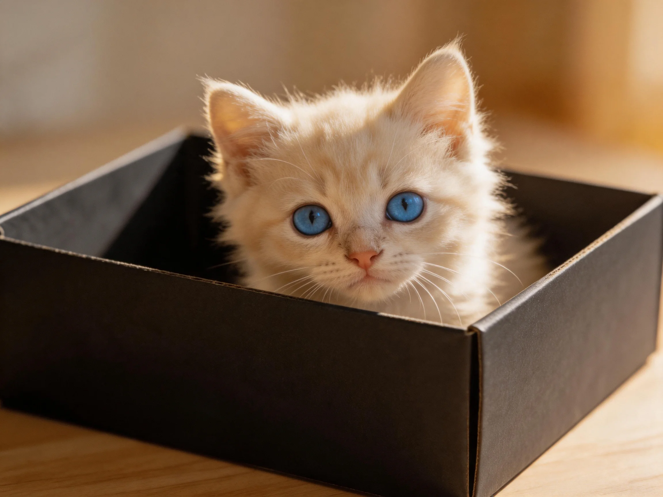 A fluffy cream kitten with bright blue eyes emerges from a black box.