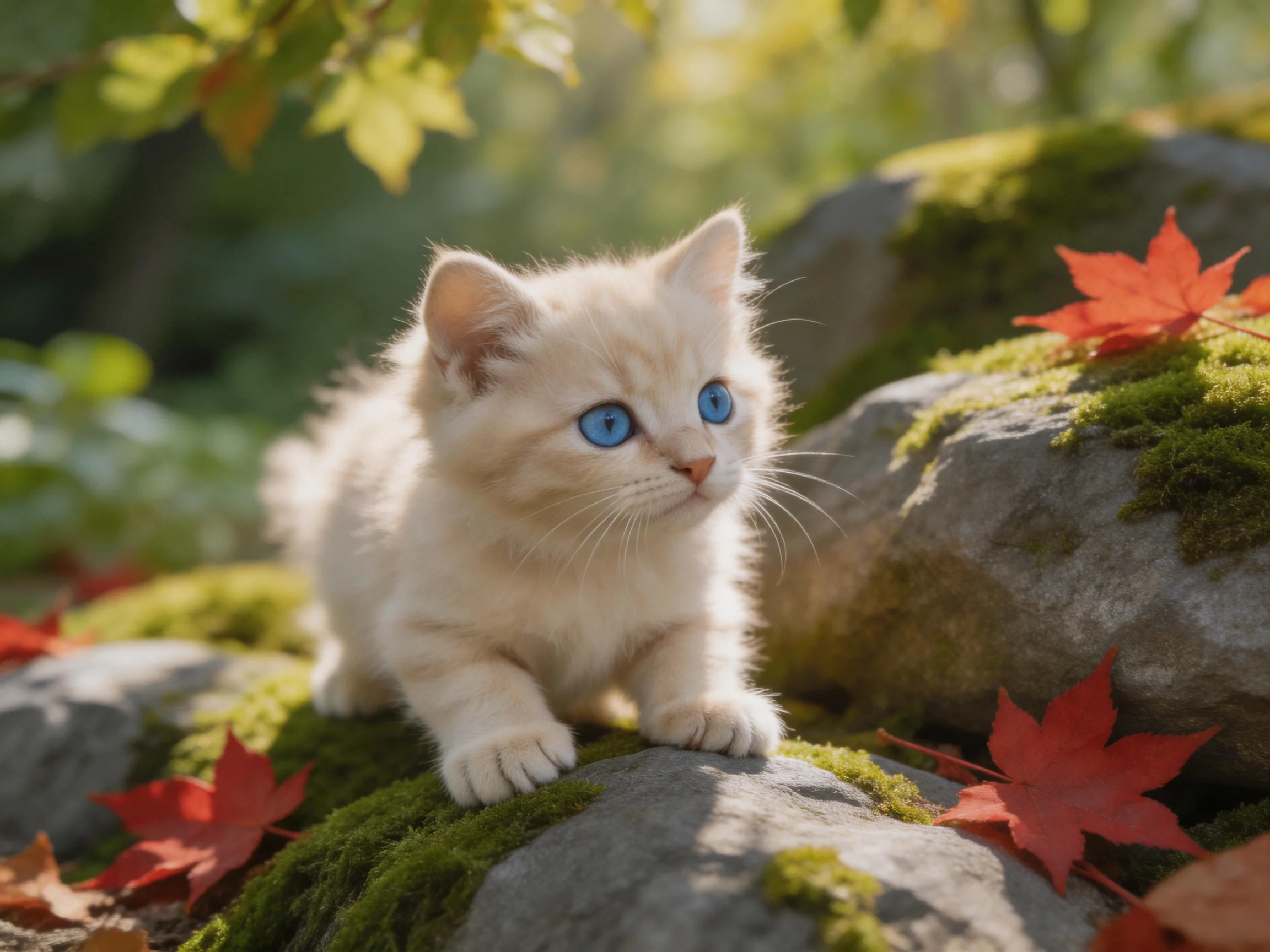 A small cream-colored kitten explores mossy rocks surrounded by autumn foliage.