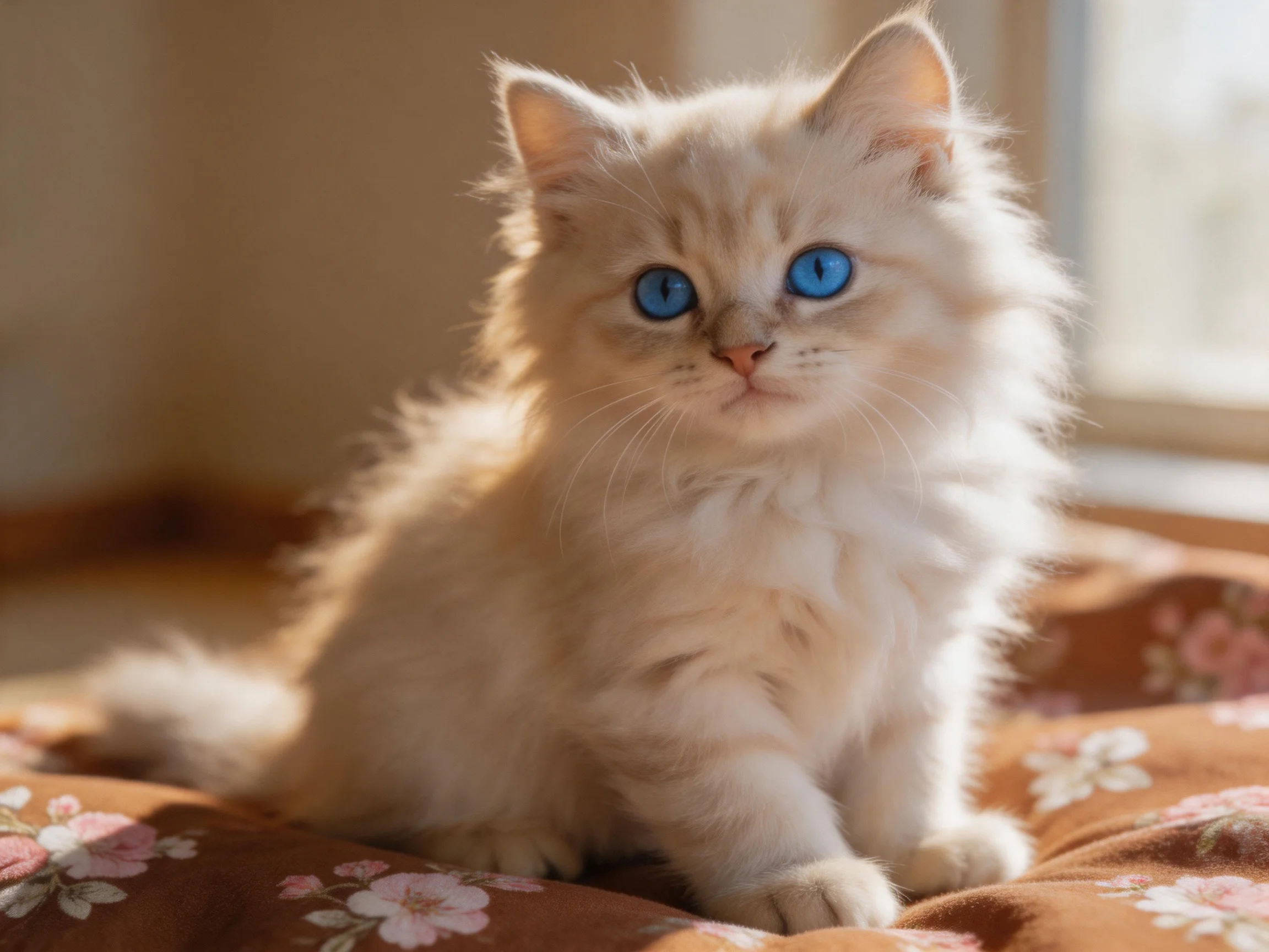 A cream-colored kitten with blue eyes sits calmly on a flowered fabric in a sunlit area.
