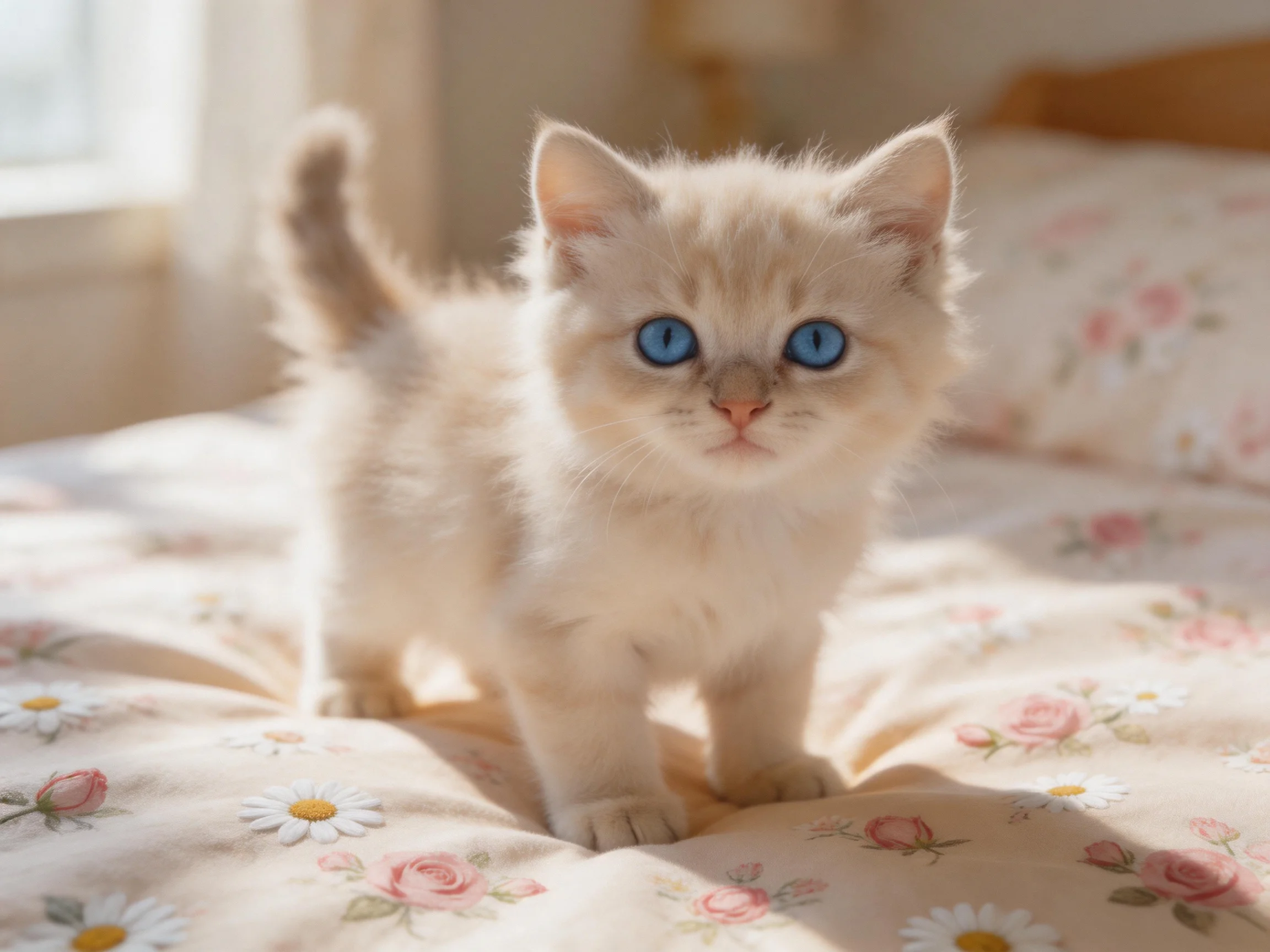 A fluffy cream kitten with bright blue eyes stands on a floral bedspread