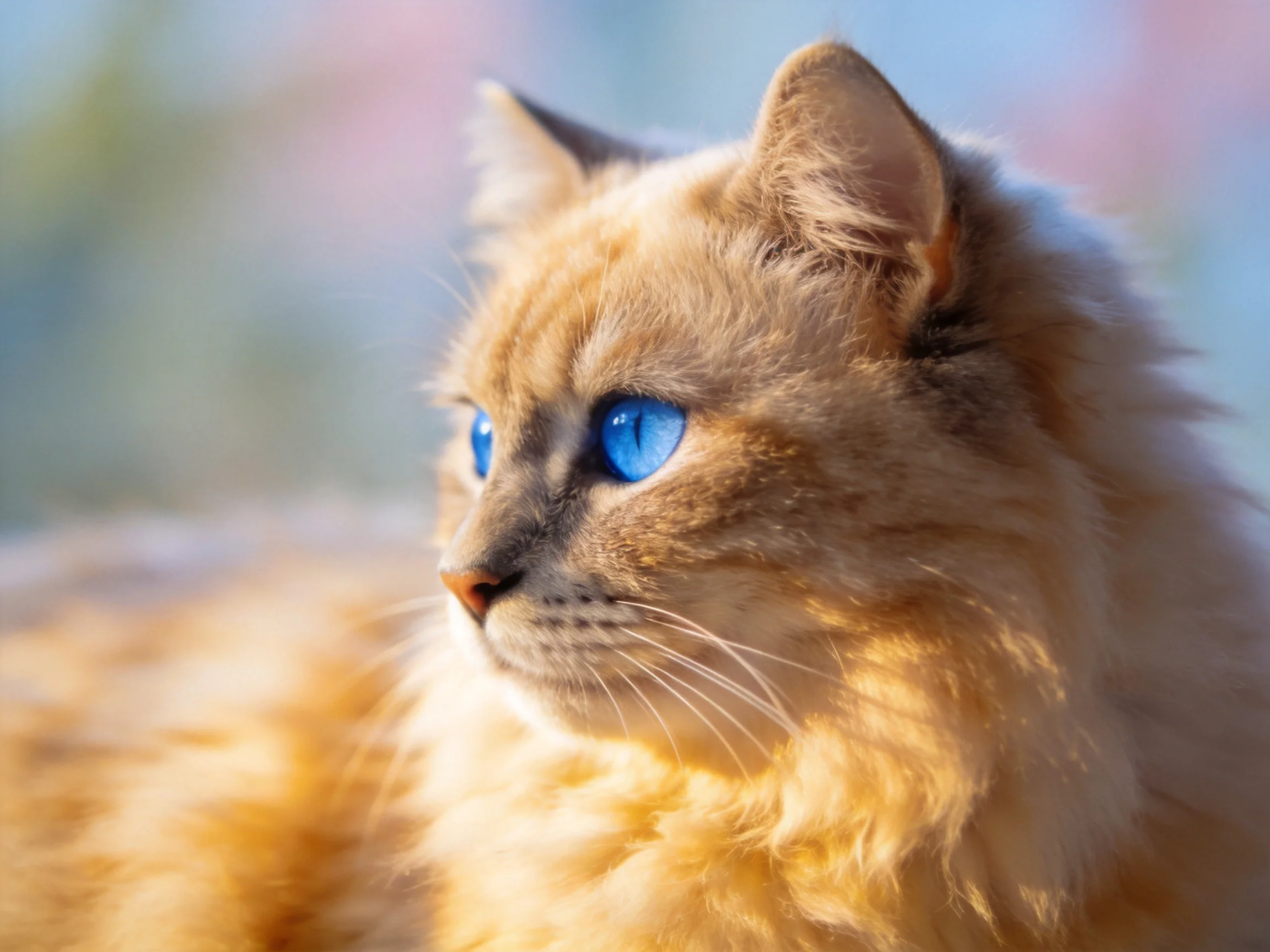 A fluffy golden cat with striking blue eyes in soft natural light