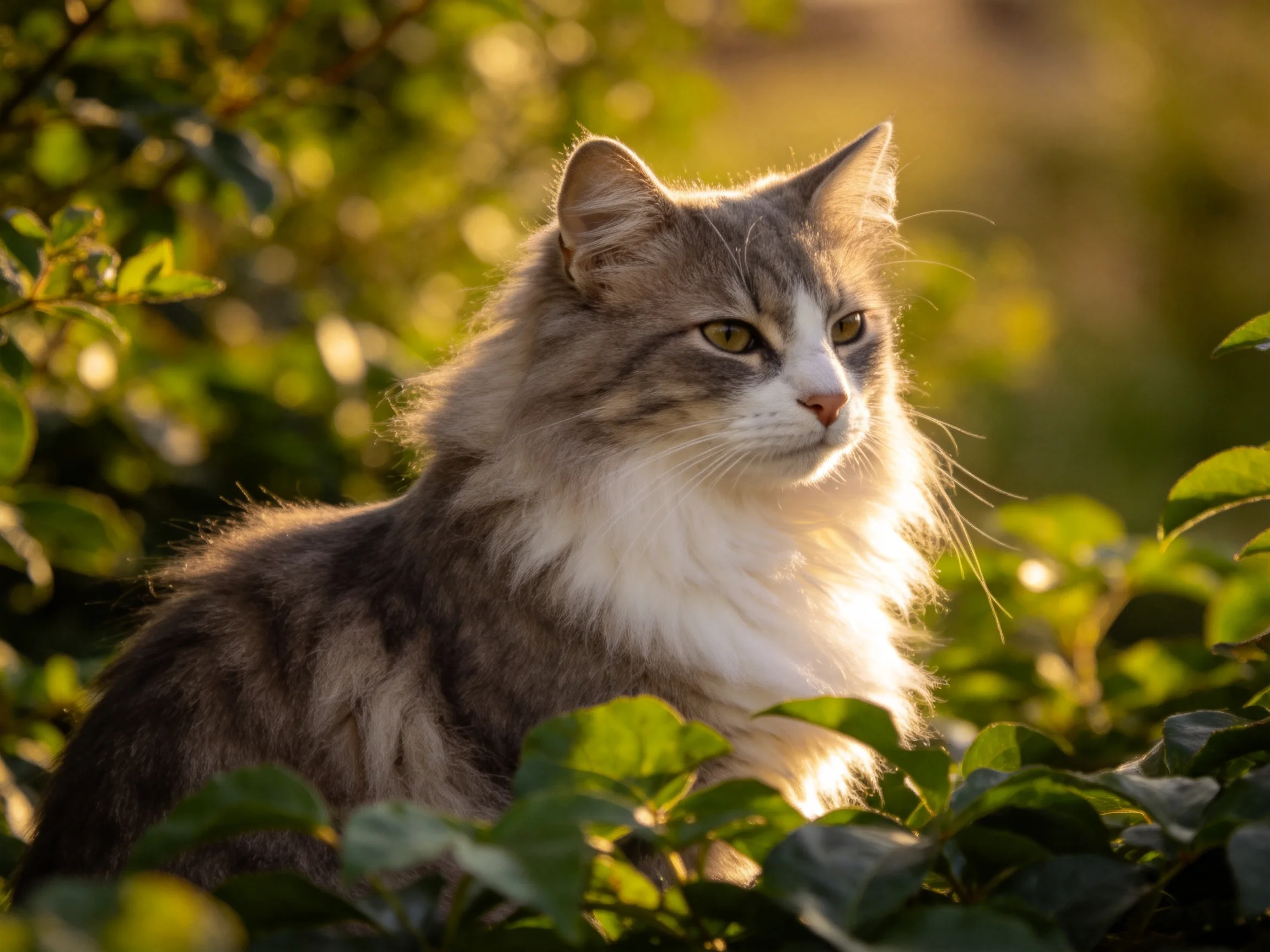 A fluffy gray-and-white cat rests among green foliage in a sunlit environment.
